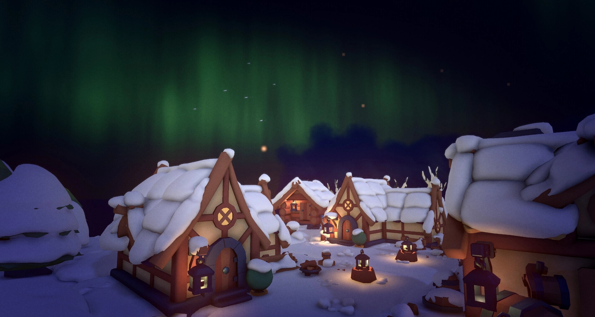 Lost Lands: Snow-covered village under northern lights with cozy lit houses and snowy landscape