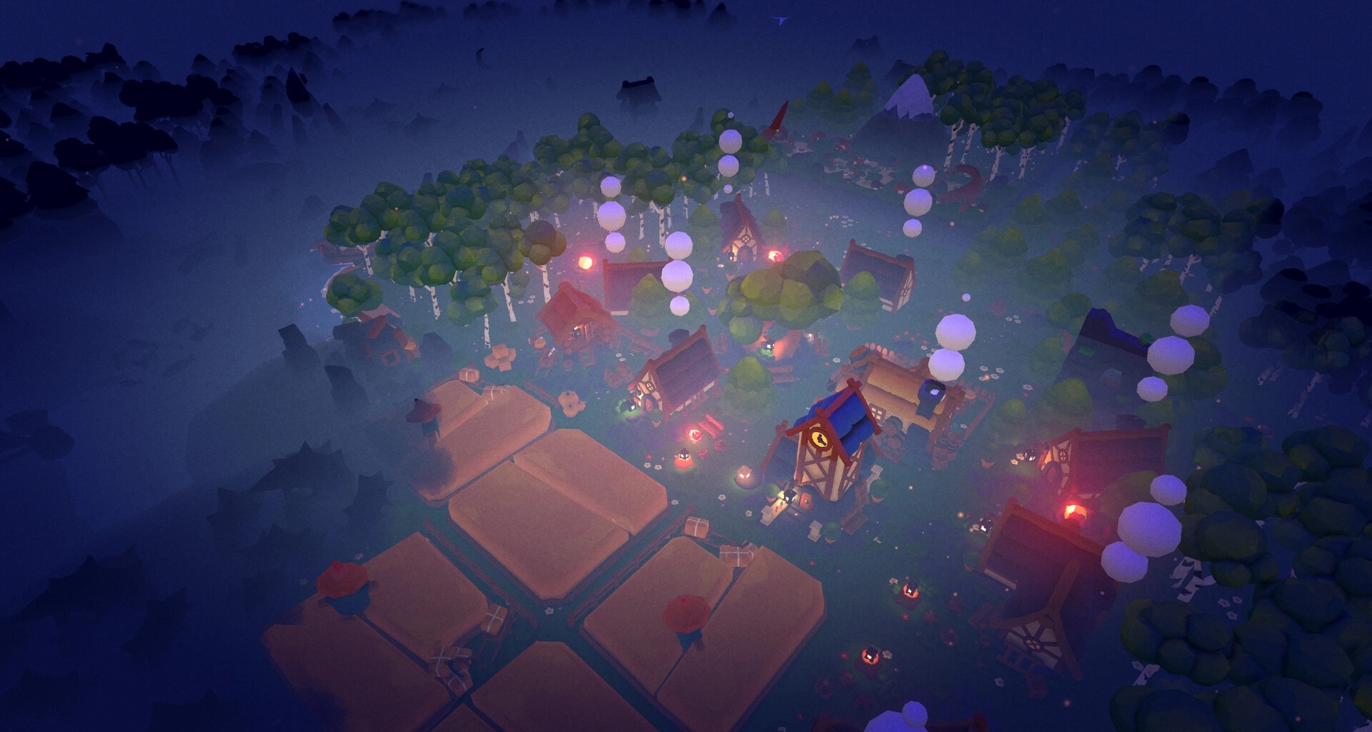 Lost Lands: Village overview with glowing buildings and misty forest setting at night
