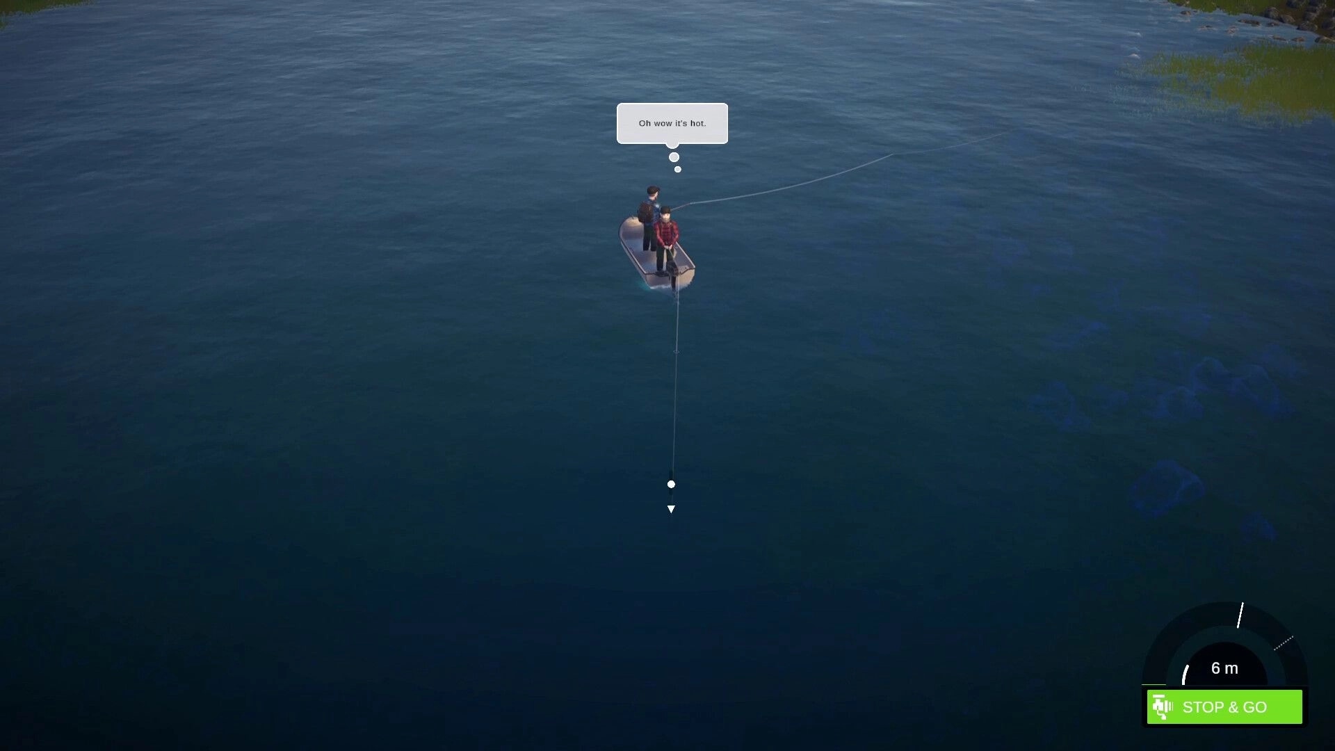 Lost Lures: Two anglers fish from a small boat on open water, depth gauge and STOP & GO UI visible.