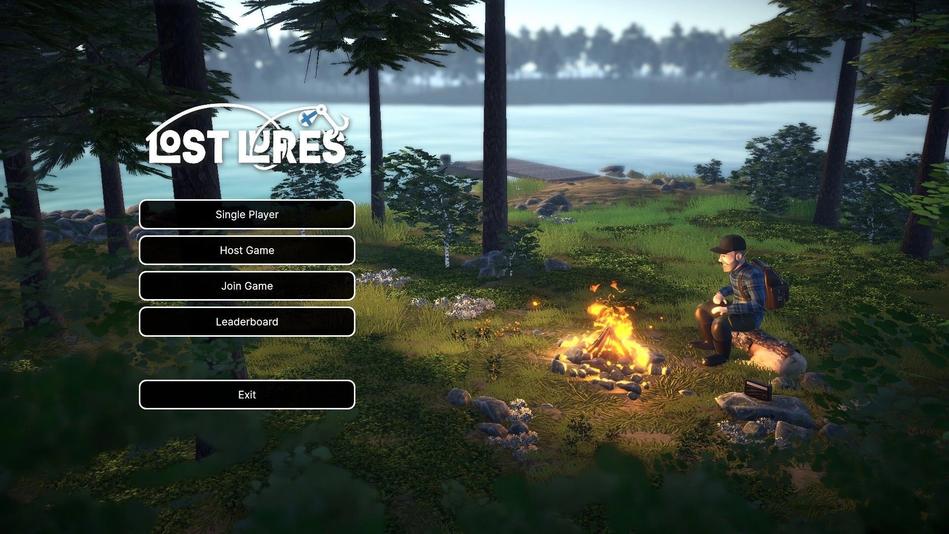 Lost Lures: Main menu with Single Player and Join Game buttons by a lakeside campfire scene.