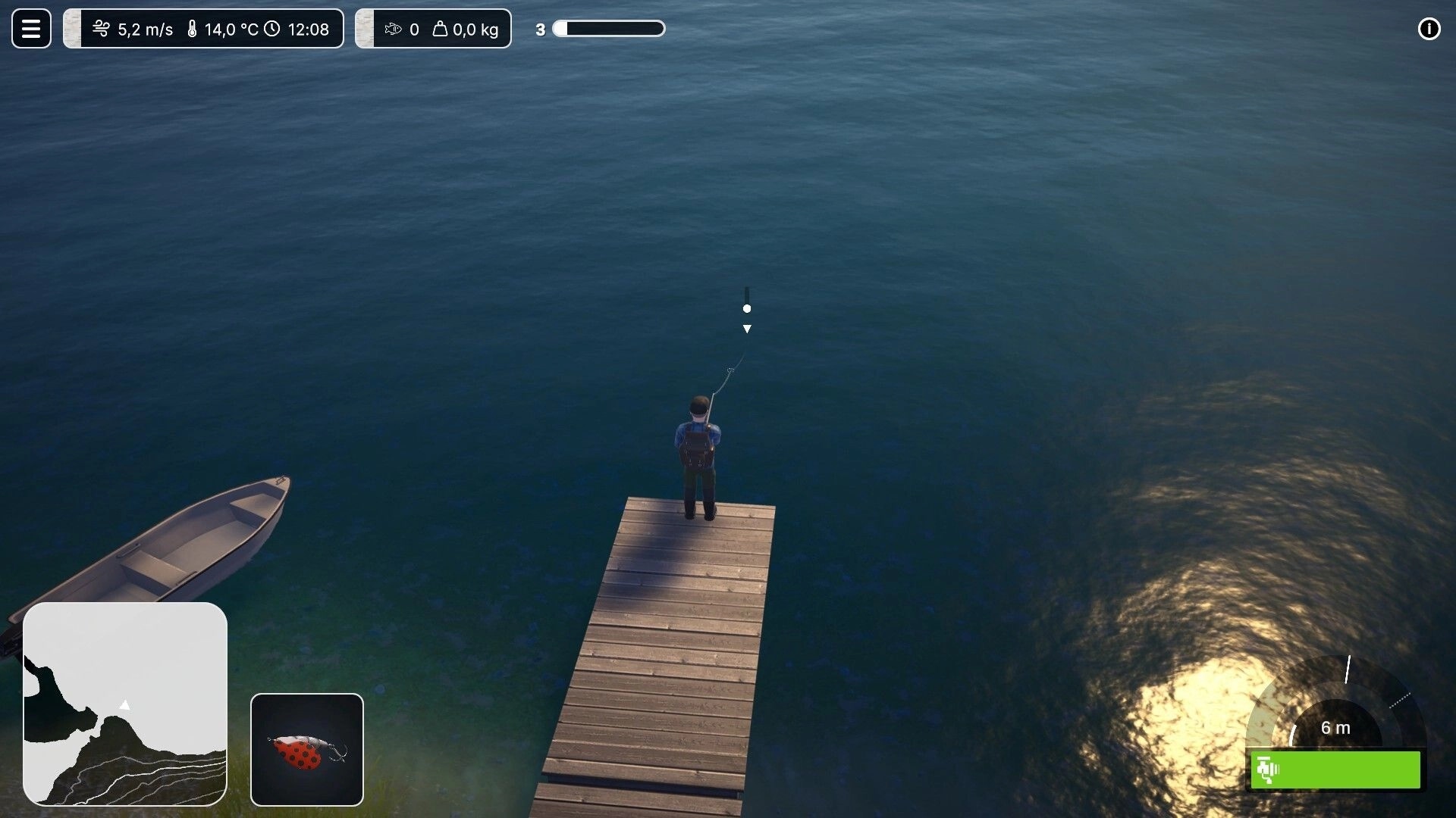 Lost Lures: Angler casts from a wooden dock with depth meter and lure UI over calm lake water.