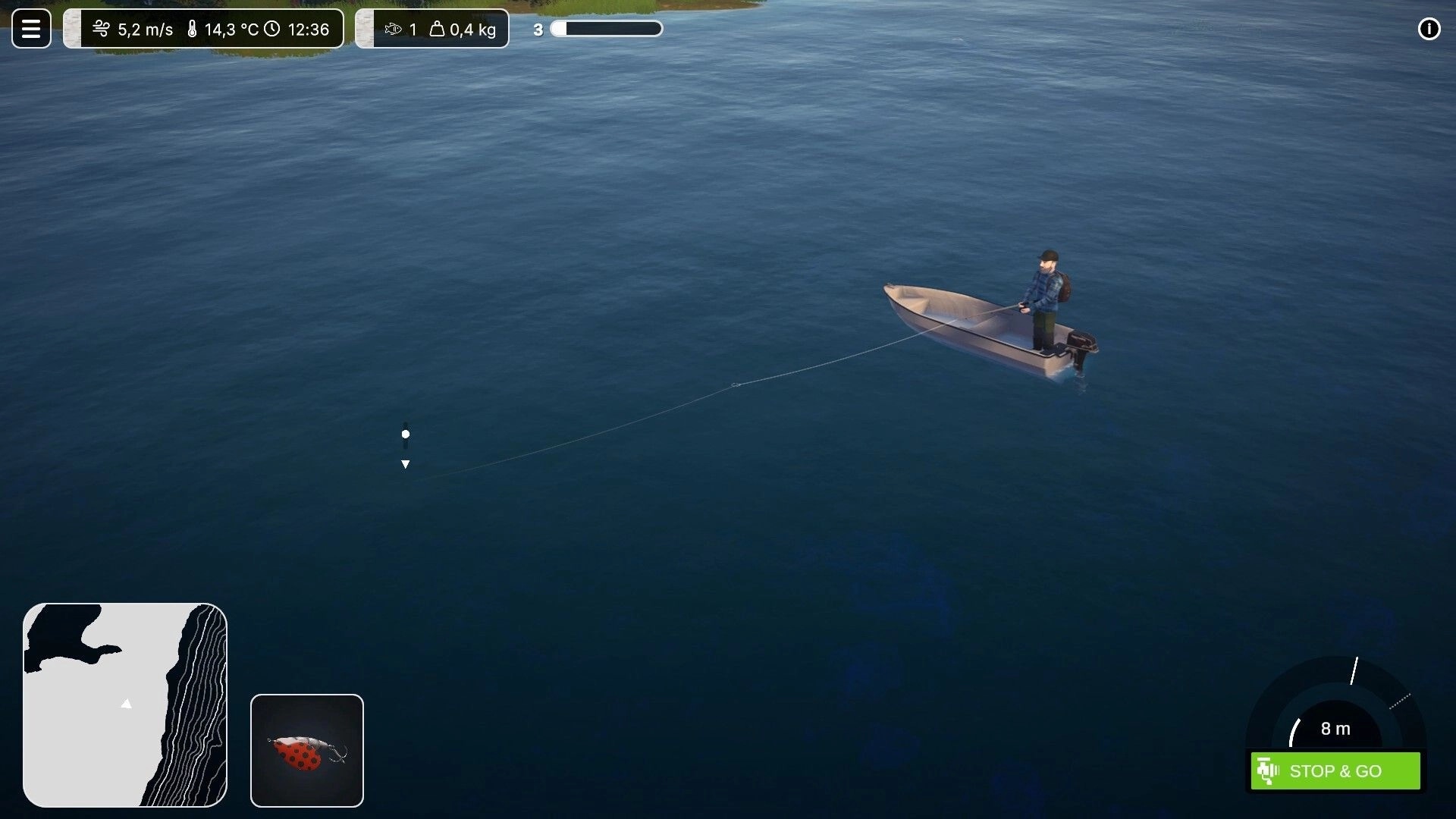 Lost Lures: Player fishing from small motorboat on open lake, HUD shows wind, temp, depth and map.