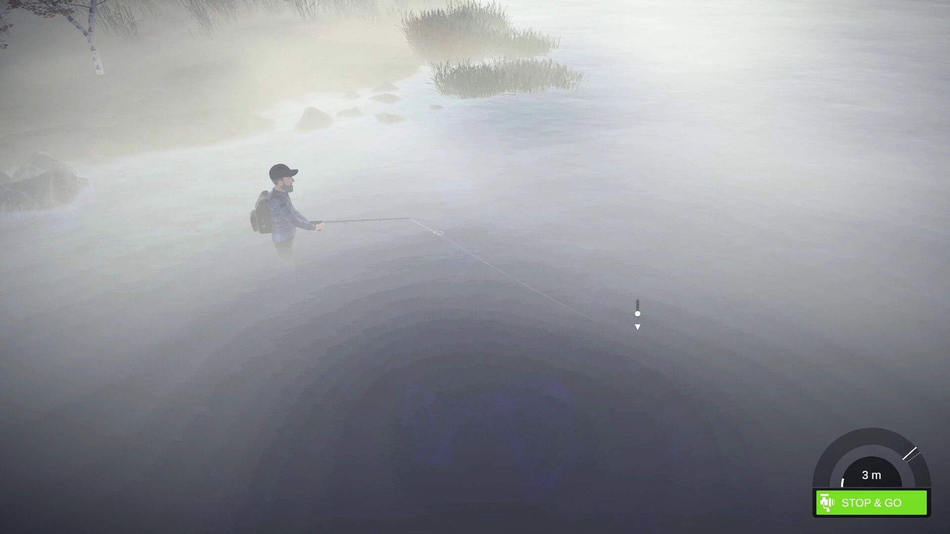 Lost Lures: Angler wades and casts a line in foggy lake shallows, depth meter and Stop & Go UI.