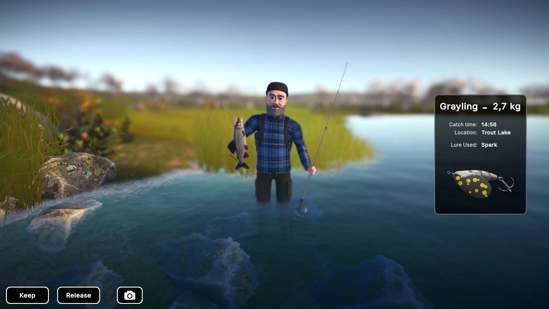Lost Lures: Angler holds a 2.7 kg grayling with keep/release UI while wading in Trout Lake shore.