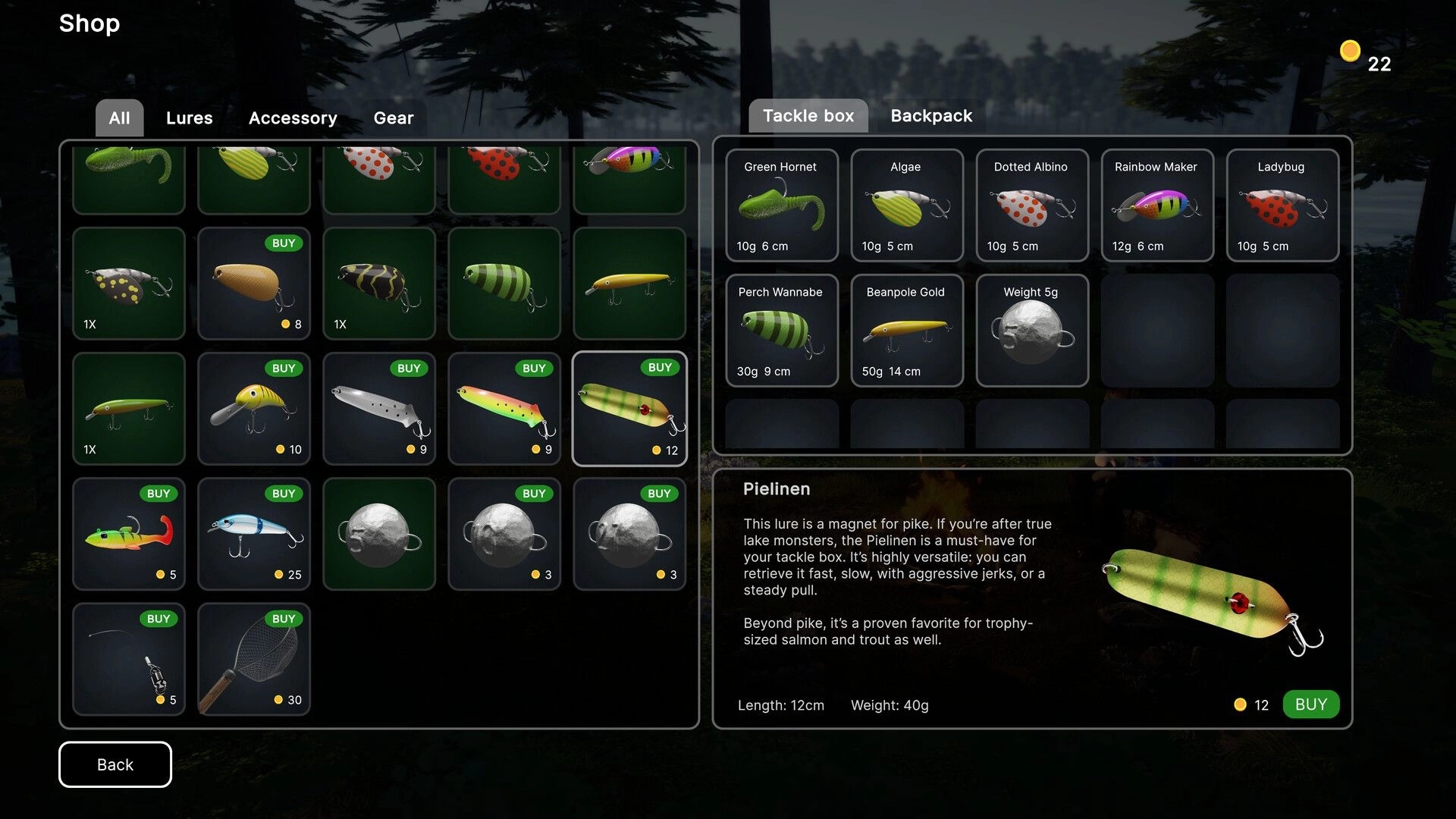 Lost Lures: Shop menu browsing lure grid and tackle box list over a misty Finnish lakeside backdrop.