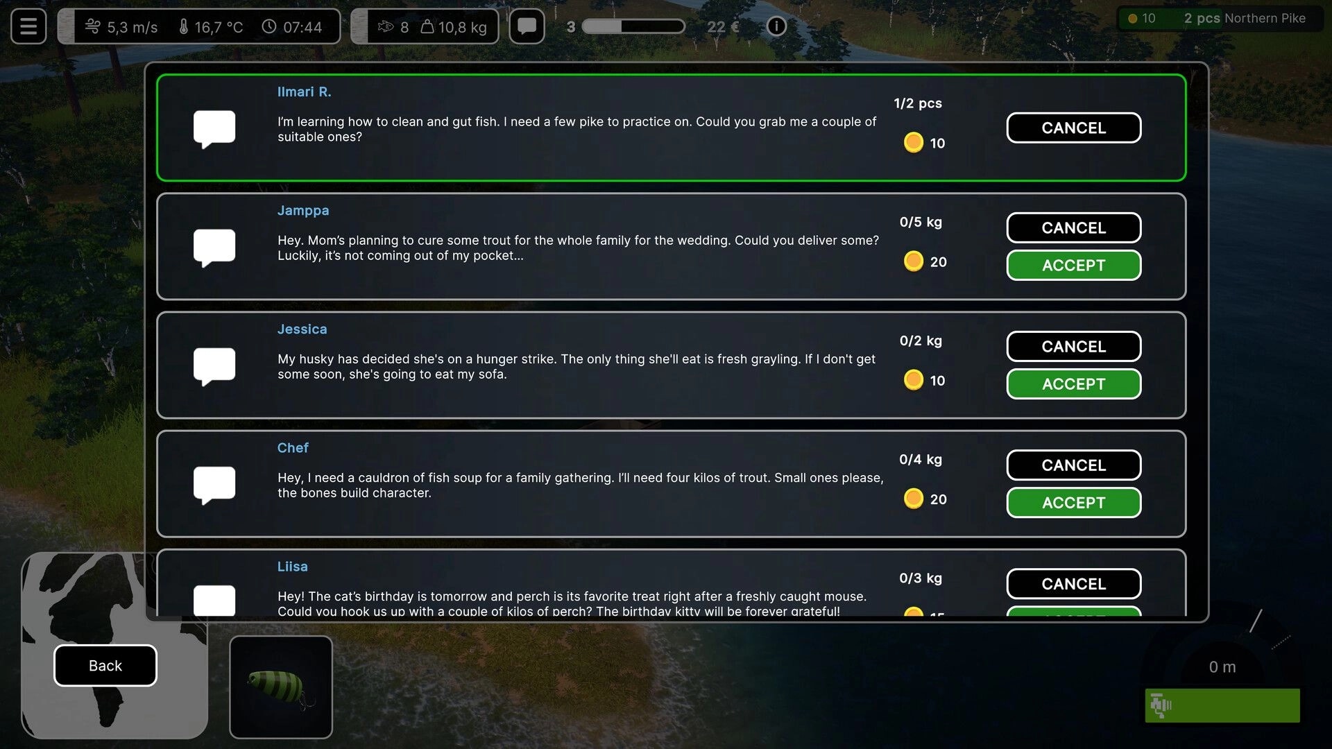 Lost Lures: Mission request list with Accept/Cancel buttons over a riverbank and lake backdrop.
