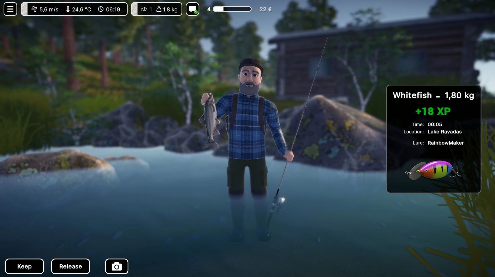 Lost Lures: Angler holds a 1.80 kg whitefish beside catch XP panel in a rocky lakeshore cove.