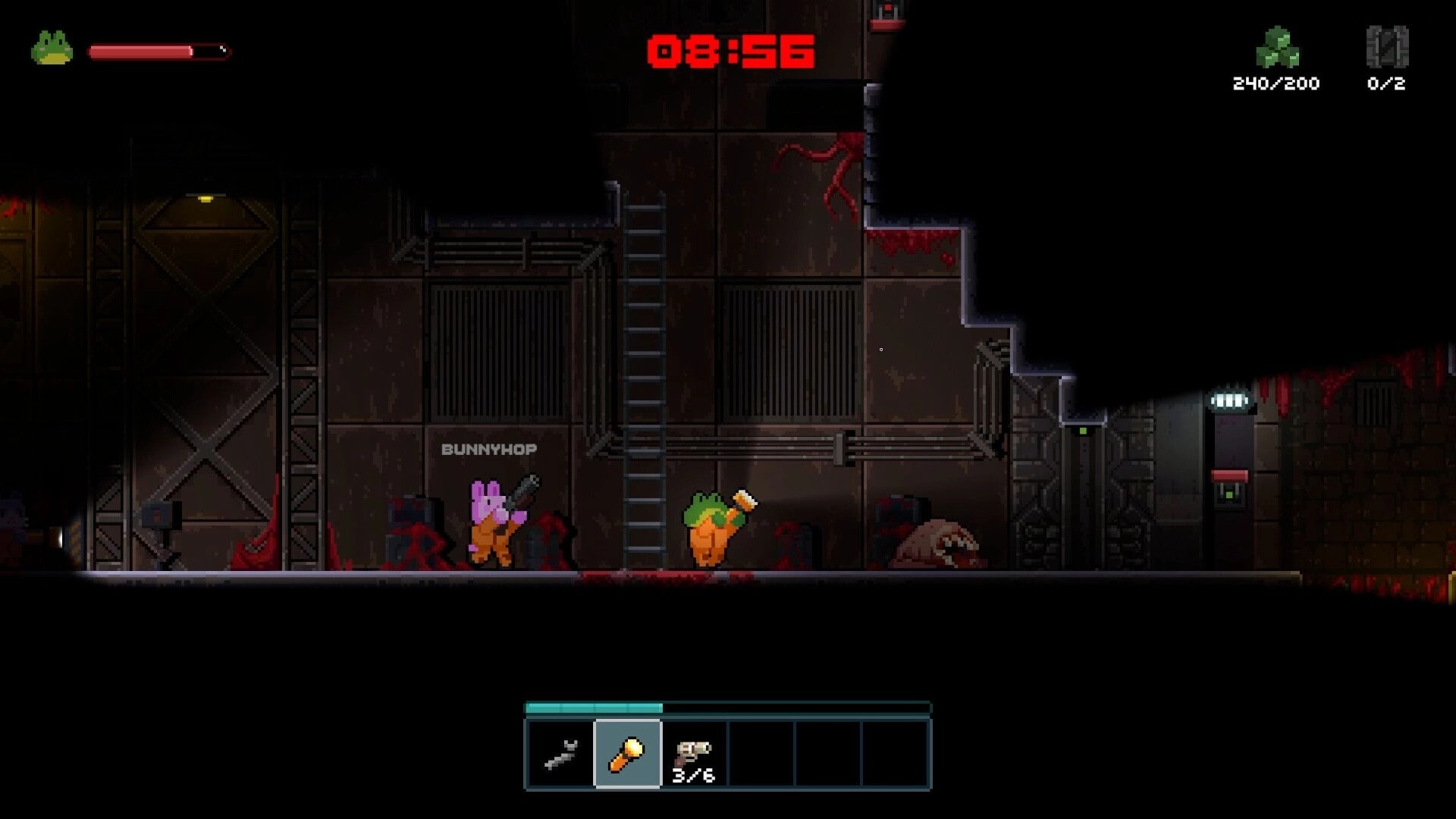 Lost Railway: BunnyHop and a carrot-headed player explore a bloody metal corridor with timer UI overhead.