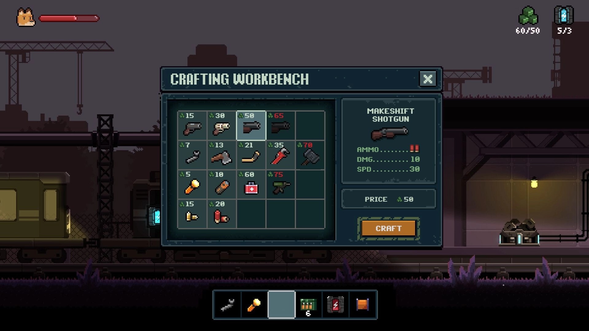 Lost Railway: Crafting Workbench menu selecting makeshift shotgun on a moving train at night.