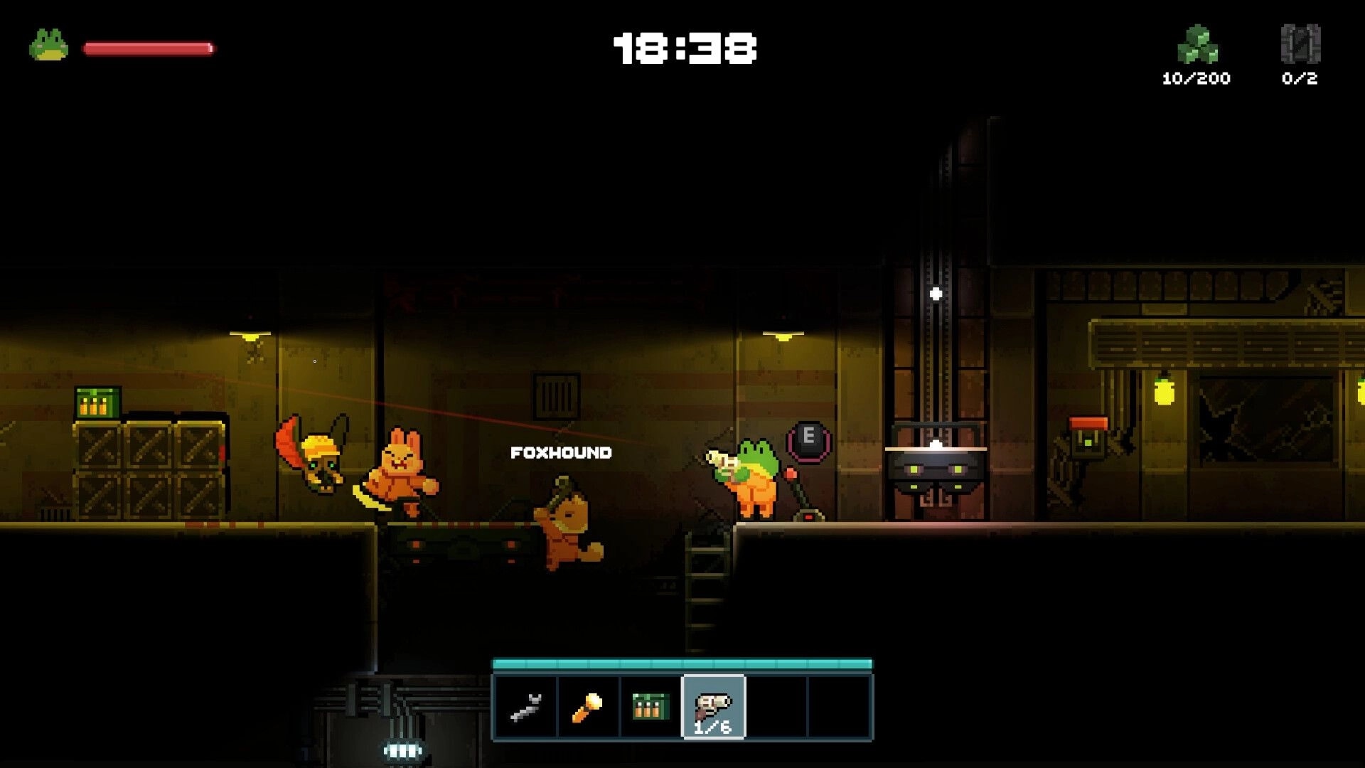 Lost Railway: Foxhound and animal teammates explore a dim industrial tunnel with timer and hotbar UI.