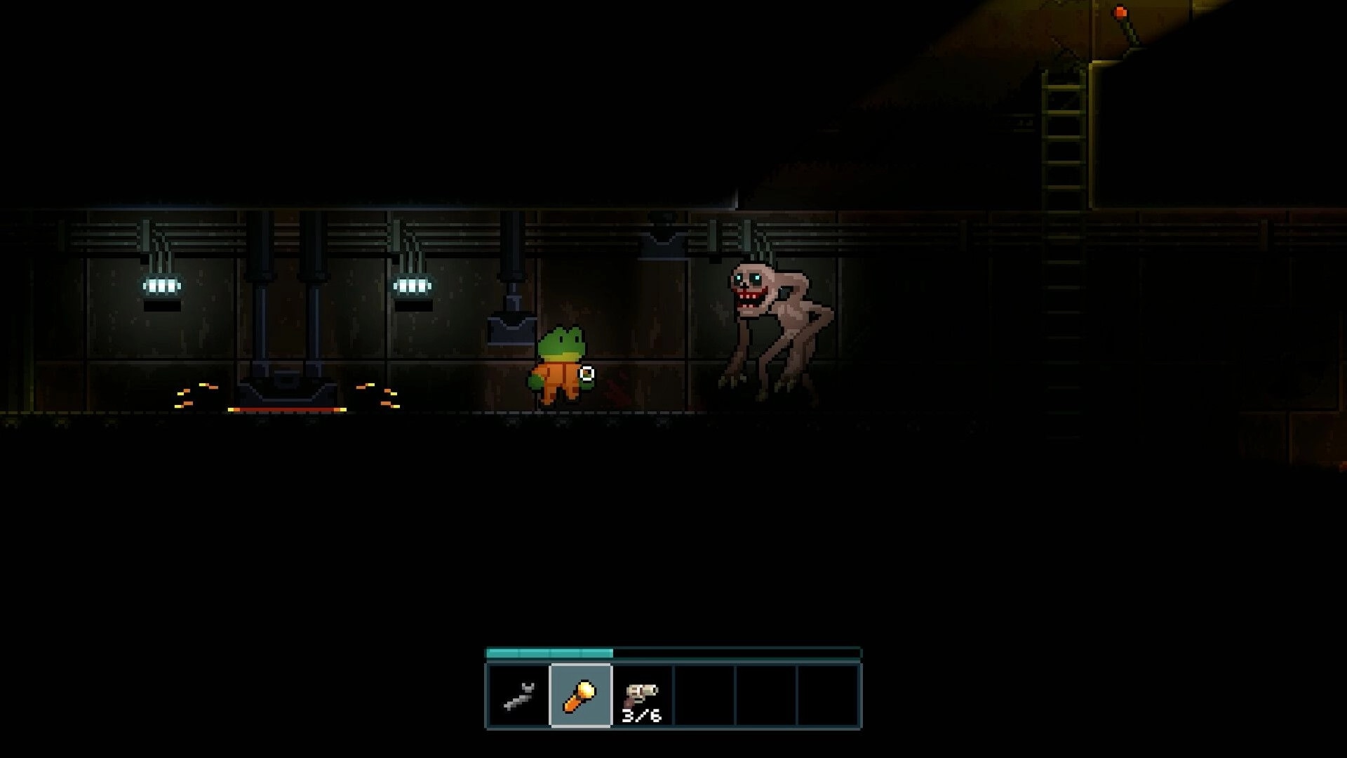 Lost Railway: frog-like player faces a grinning monster in a dark tunnel, hotbar with flashlight shown.
