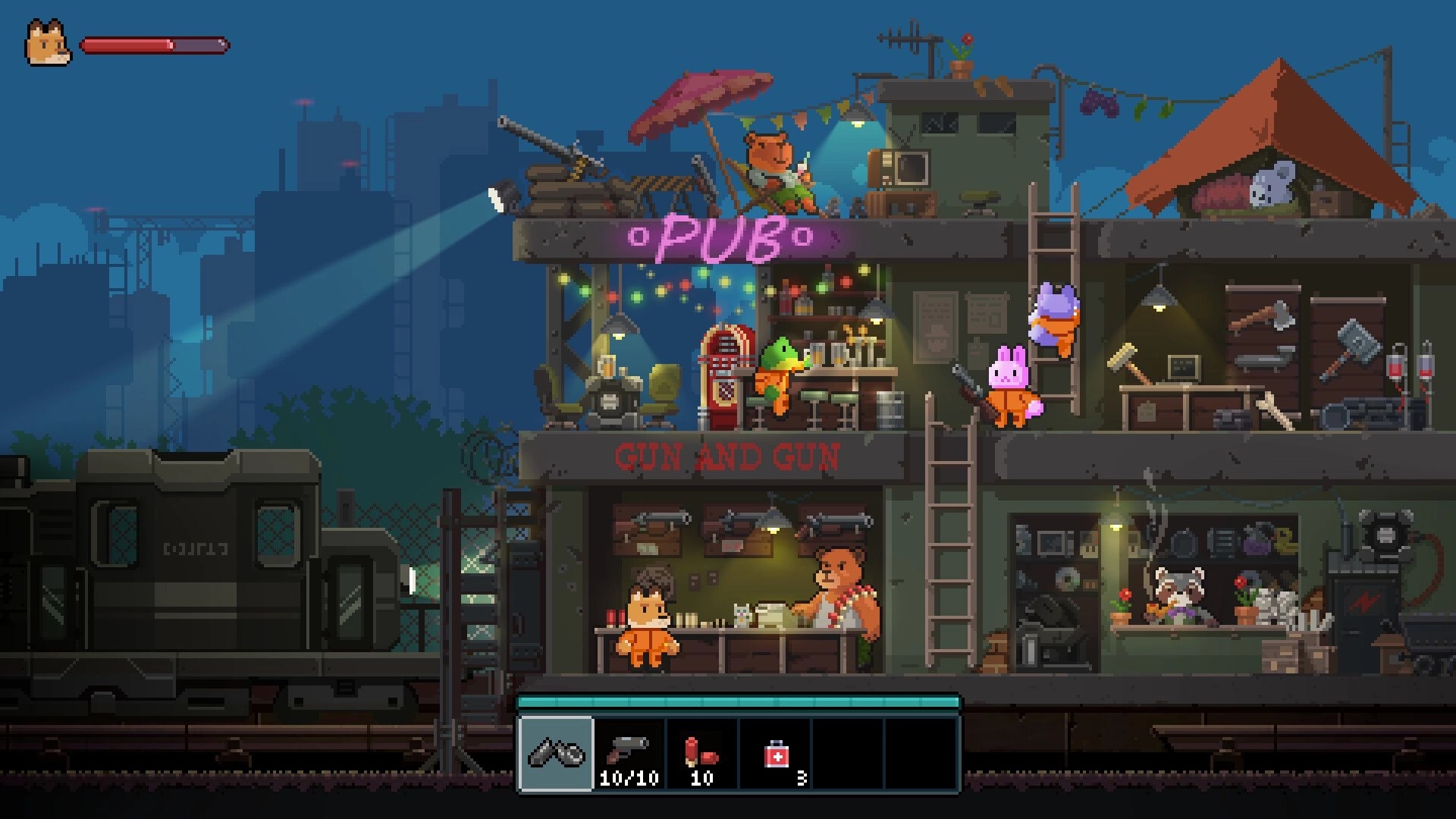 Lost Railway: Animal players browse pub and gun shop stalls on a train platform at night with HUD.