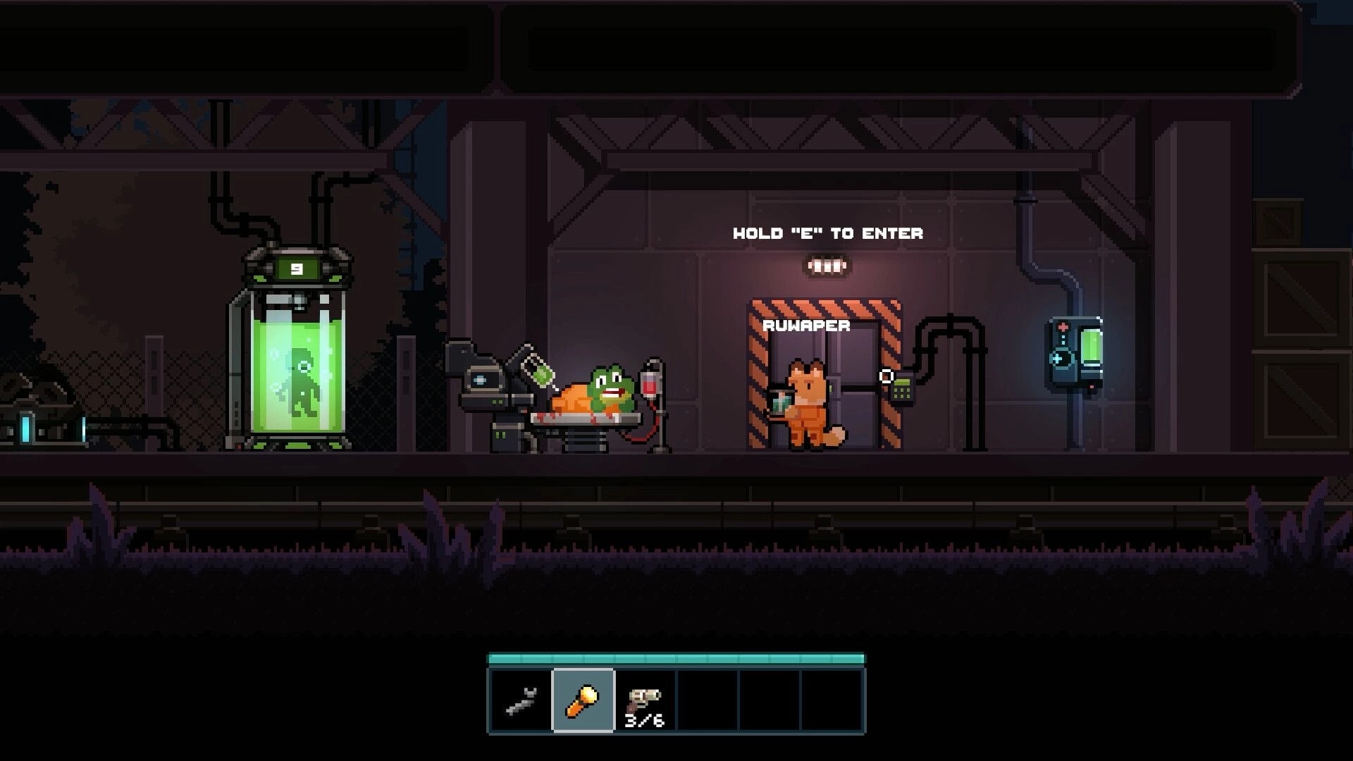 Lost Railway: Player holds keycard at lab door beside frog on table and green tank, hotbar visible.