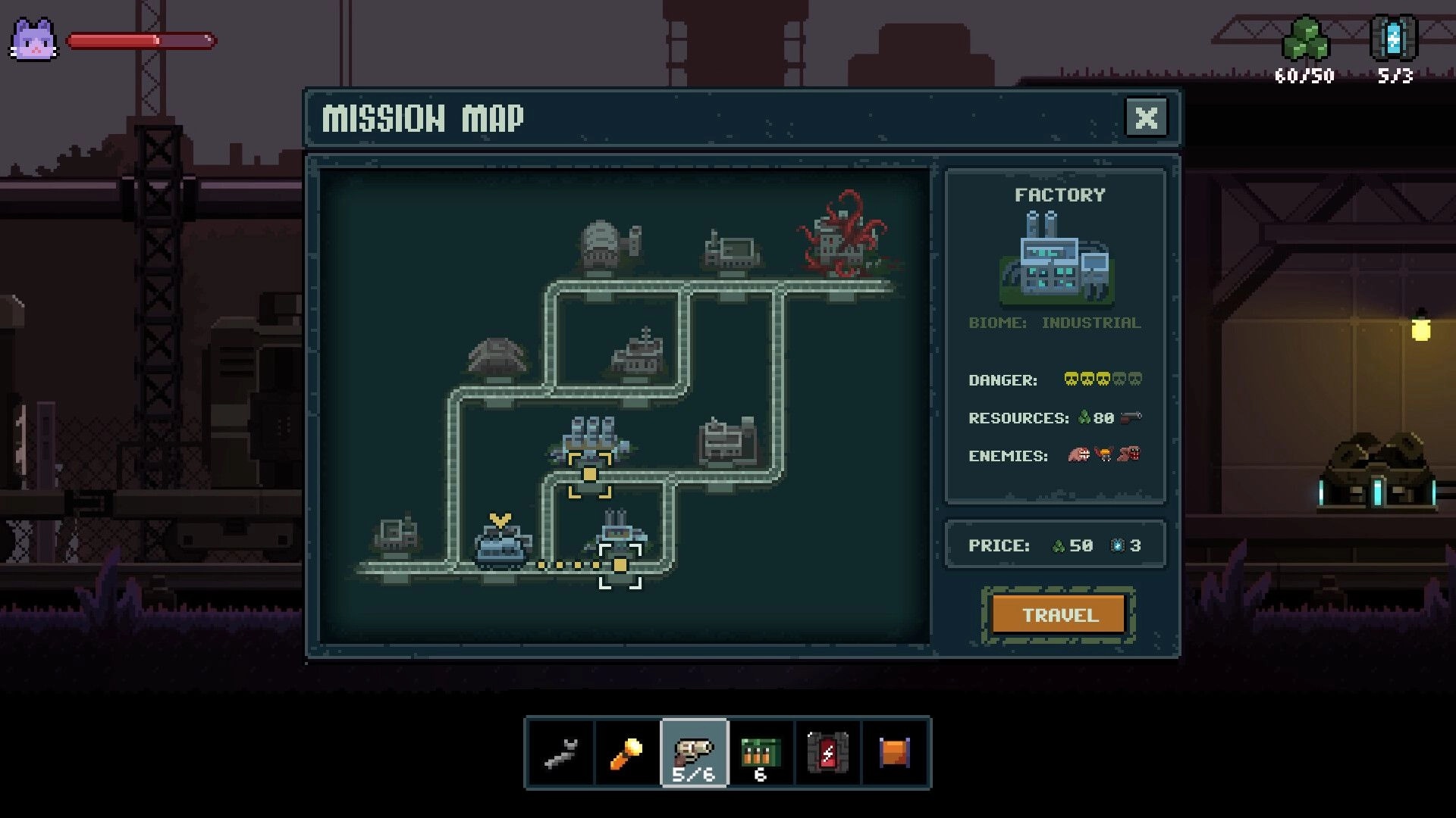 Lost Railway: Mission map menu with rail nodes and Factory biome details over a dark train yard background.