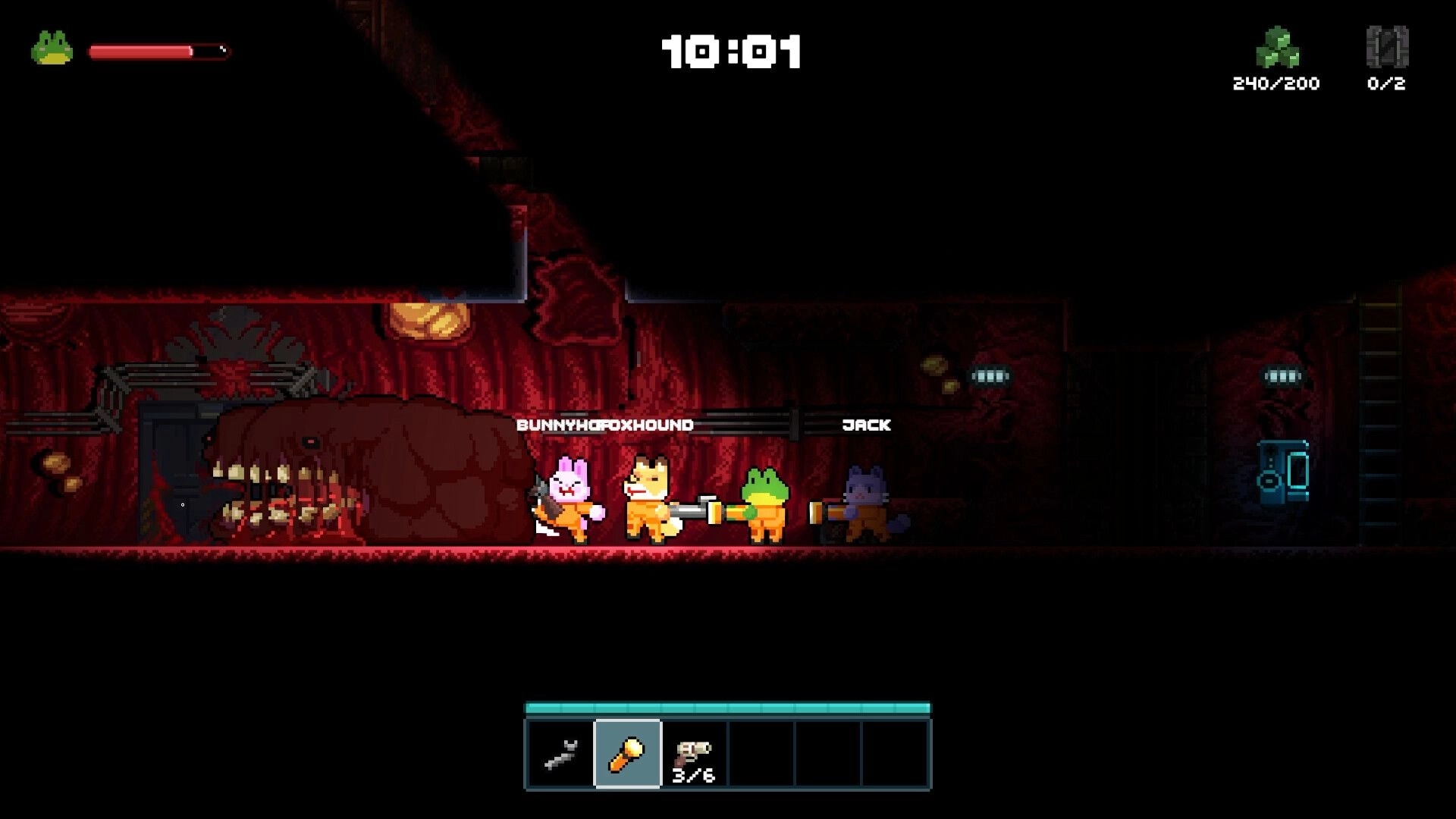 Lost Railway: Four animal players in a red cave corridor, HUD timer and hotbar with flashlight selected.