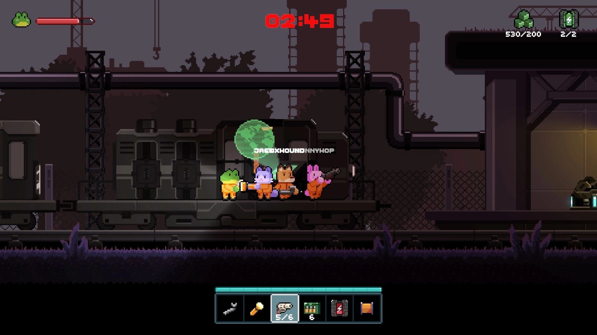 Lost Railway: Four animal players huddle by a train car, timer and hotbar UI in dark railyard.