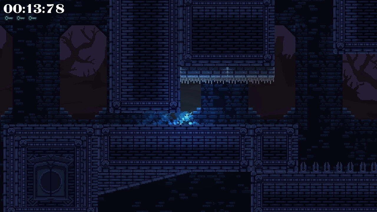 Lost Resolve: Player dashes through dark, pixelated dungeon with timer at top left in speed challenge