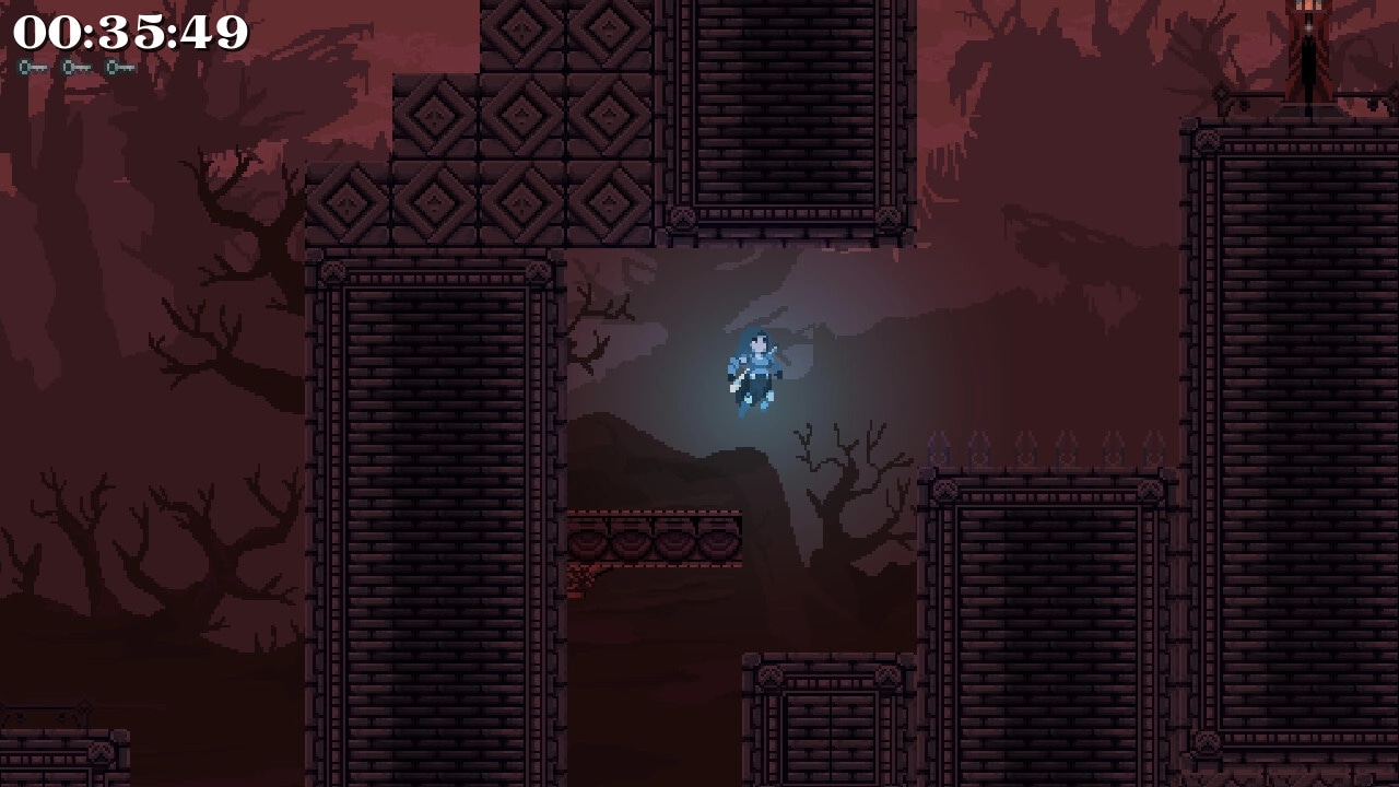 Lost Resolve: Character leaps between towering brick walls in a shadowy forest with timer displayed