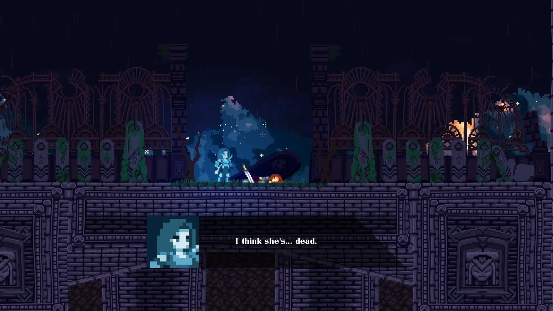 Lost Resolve: Ghostly figure stands over fallen warrior in rain-soaked ruins with dialogue box visible.