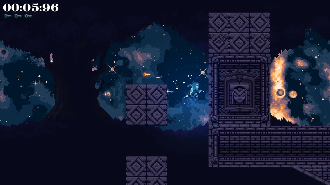 Lost Resolve: Player navigates floating platforms in a starry night forest with on-screen timer visible