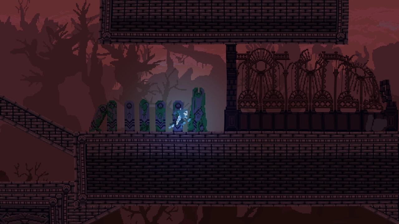 Lost Resolve: Player character jumps past green pillars in a dark, pixelated, forest-themed corridor.