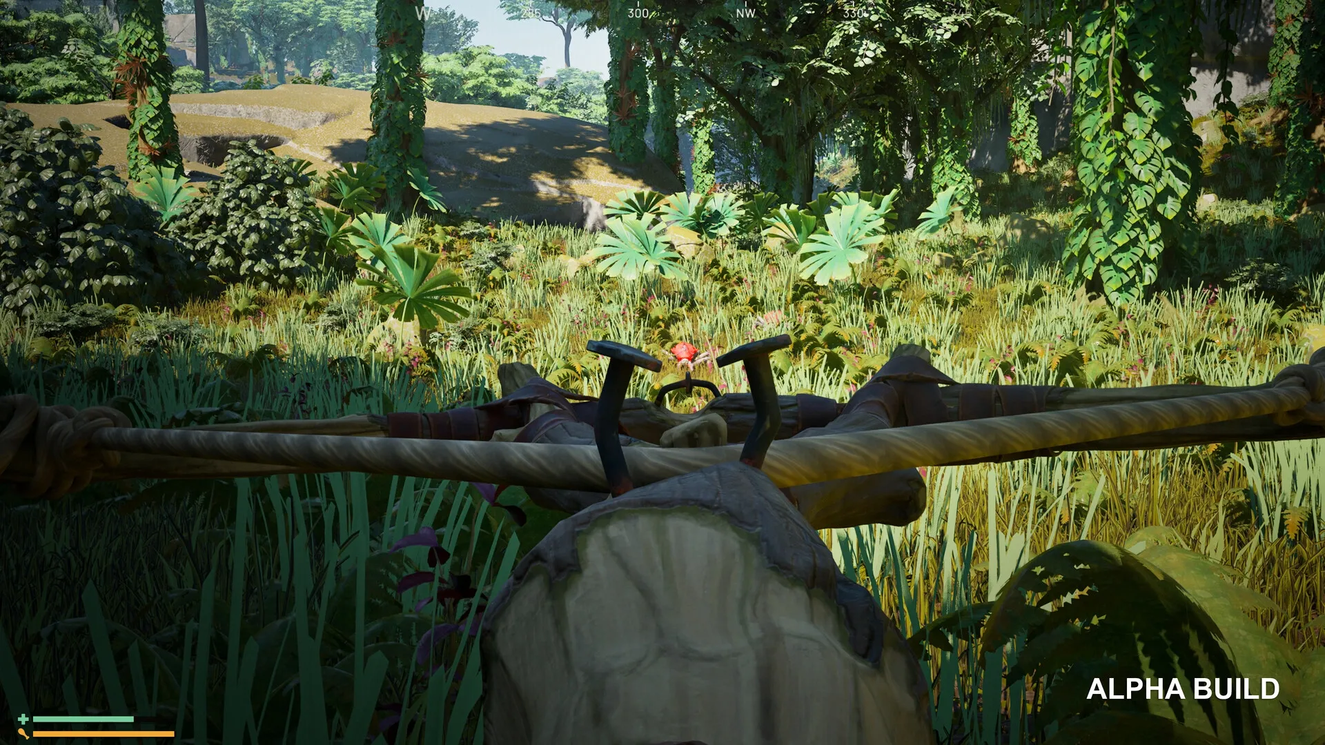 Lost Rift: First-person view aiming crossbow in a dense jungle environment with lush greenery