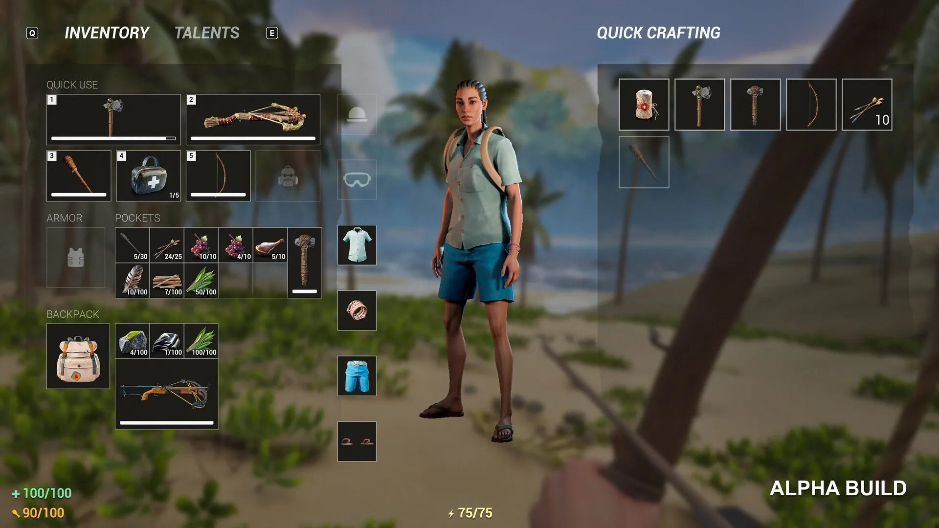 Lost Rift: Character inventory screen with crafting menu on a tropical beach setting