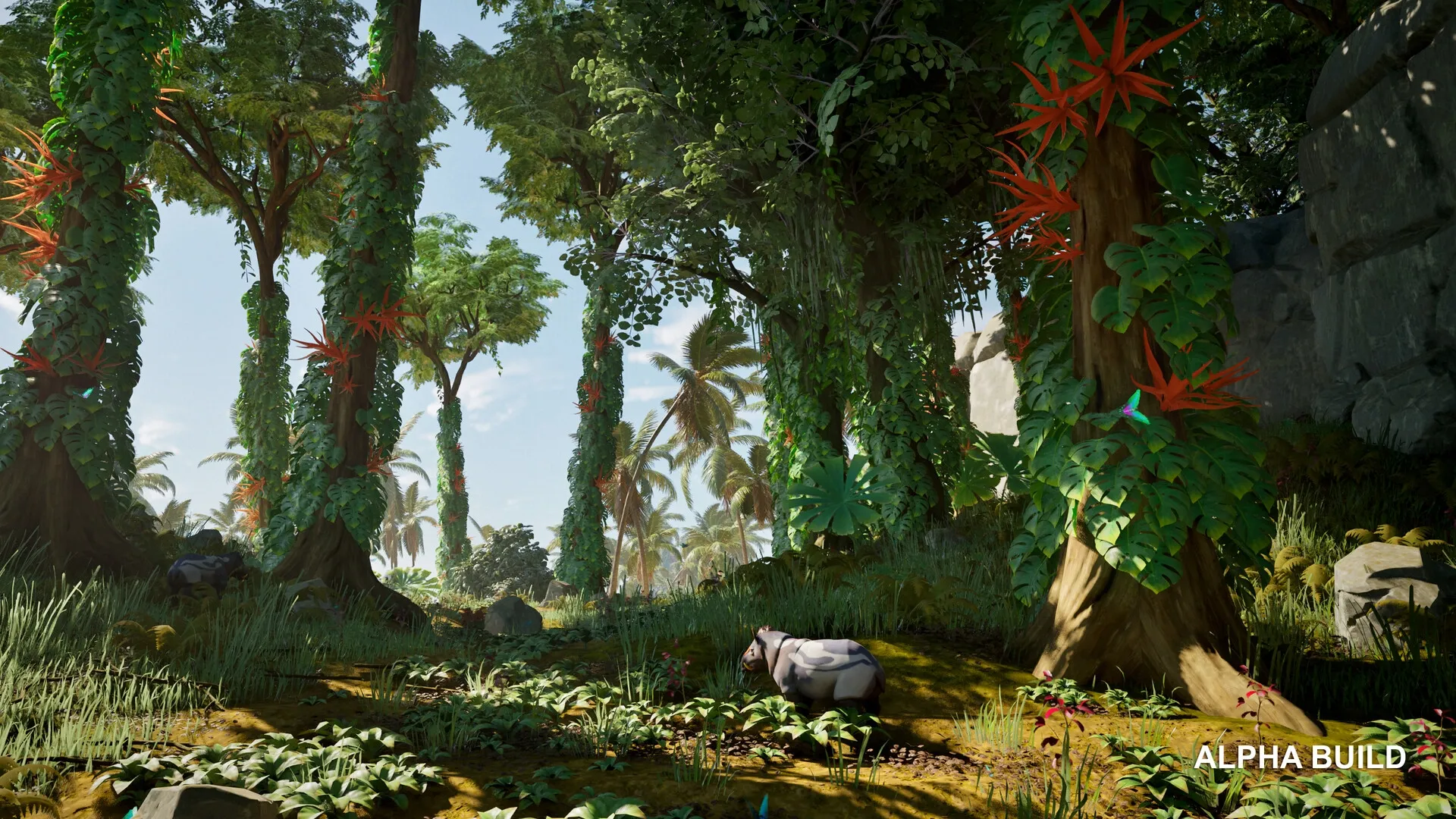 Lost Rift: Dense forest environment with lush greenery and wildlife, showcasing tropical flora and fauna.