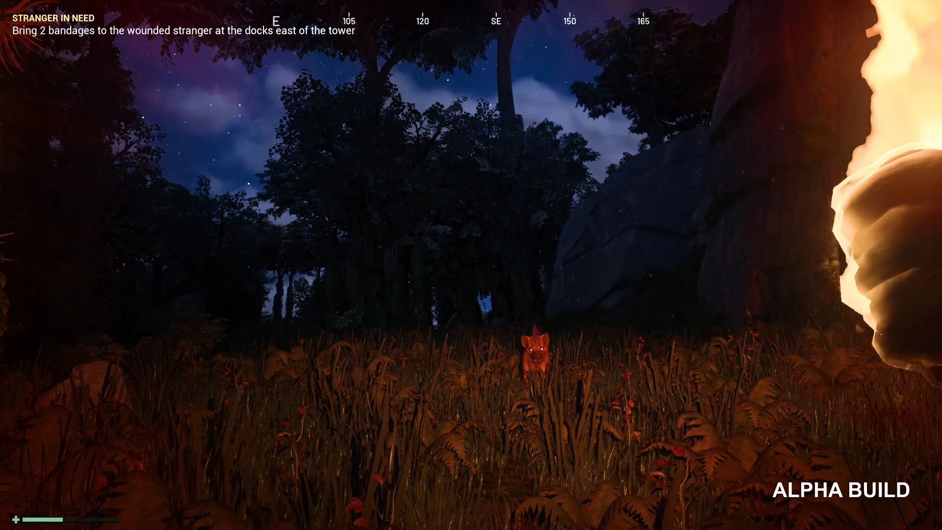 Lost Rift: Nighttime forest exploration with glowing eyes in distance and torch lighting on right