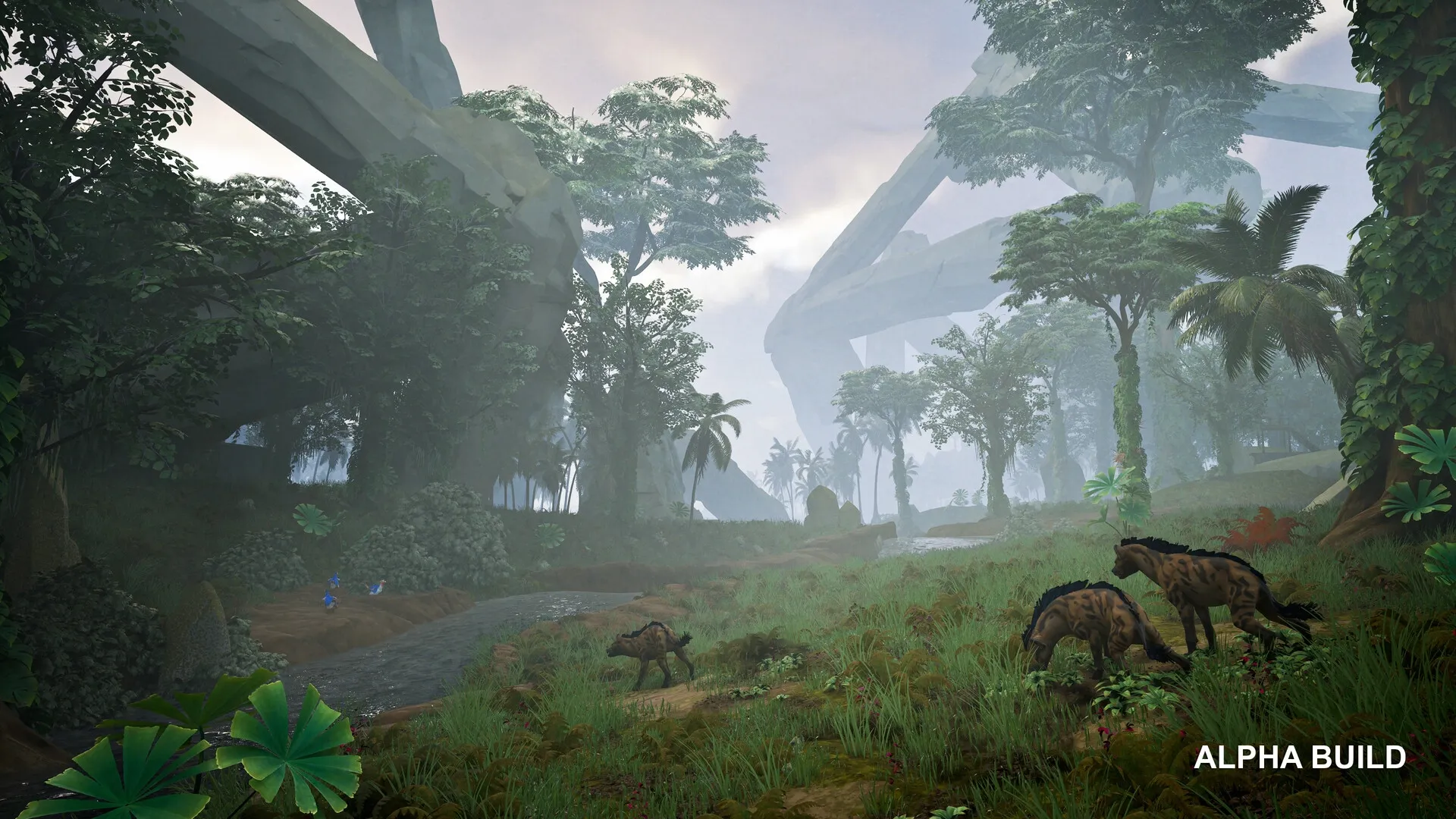 Lost Rift: Dense jungle environment with two creatures grazing near a stream under a misty sky.