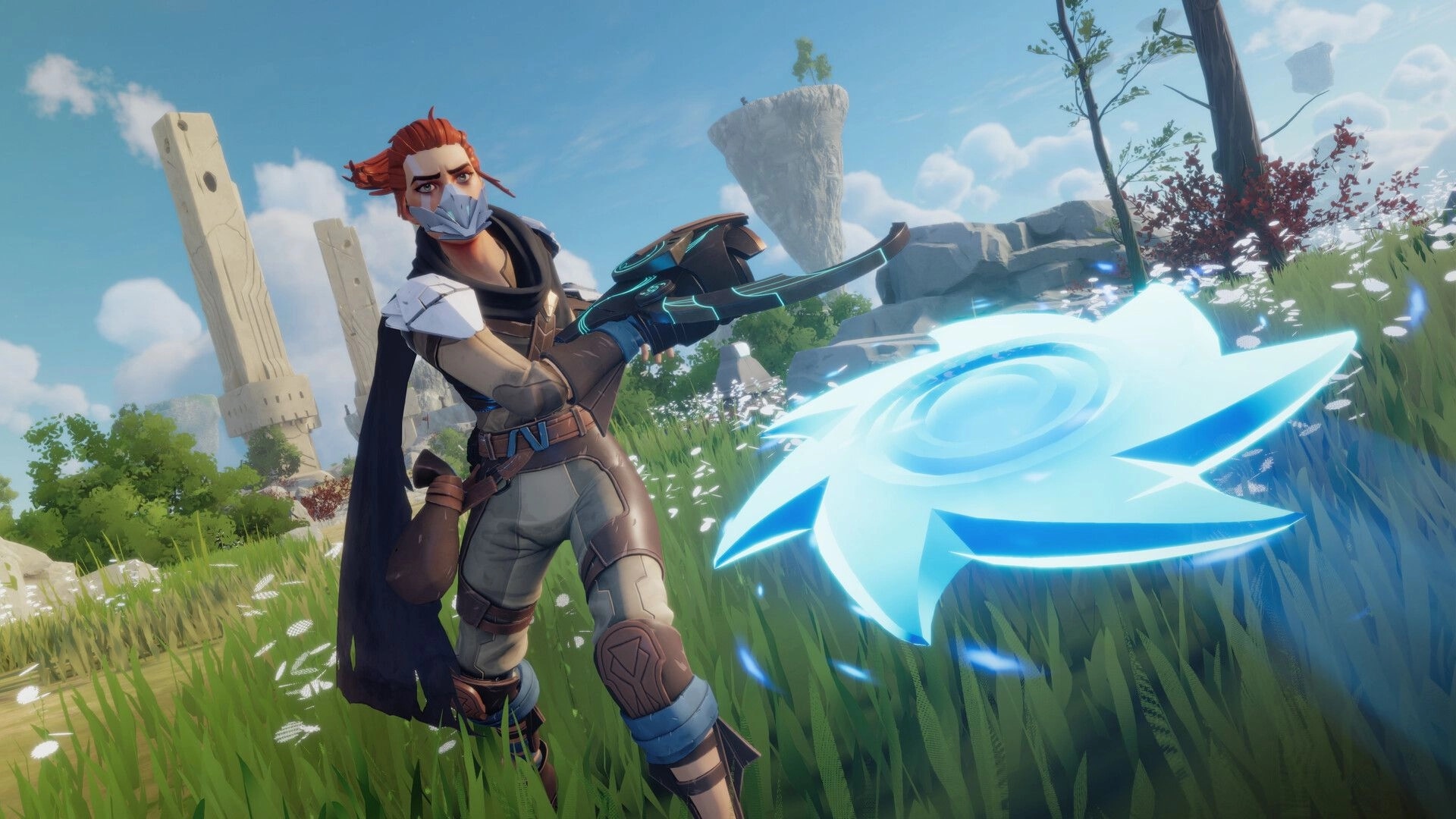 Lost Skies: Character wielding energy weapon in grassy field with ancient towers and floating islands