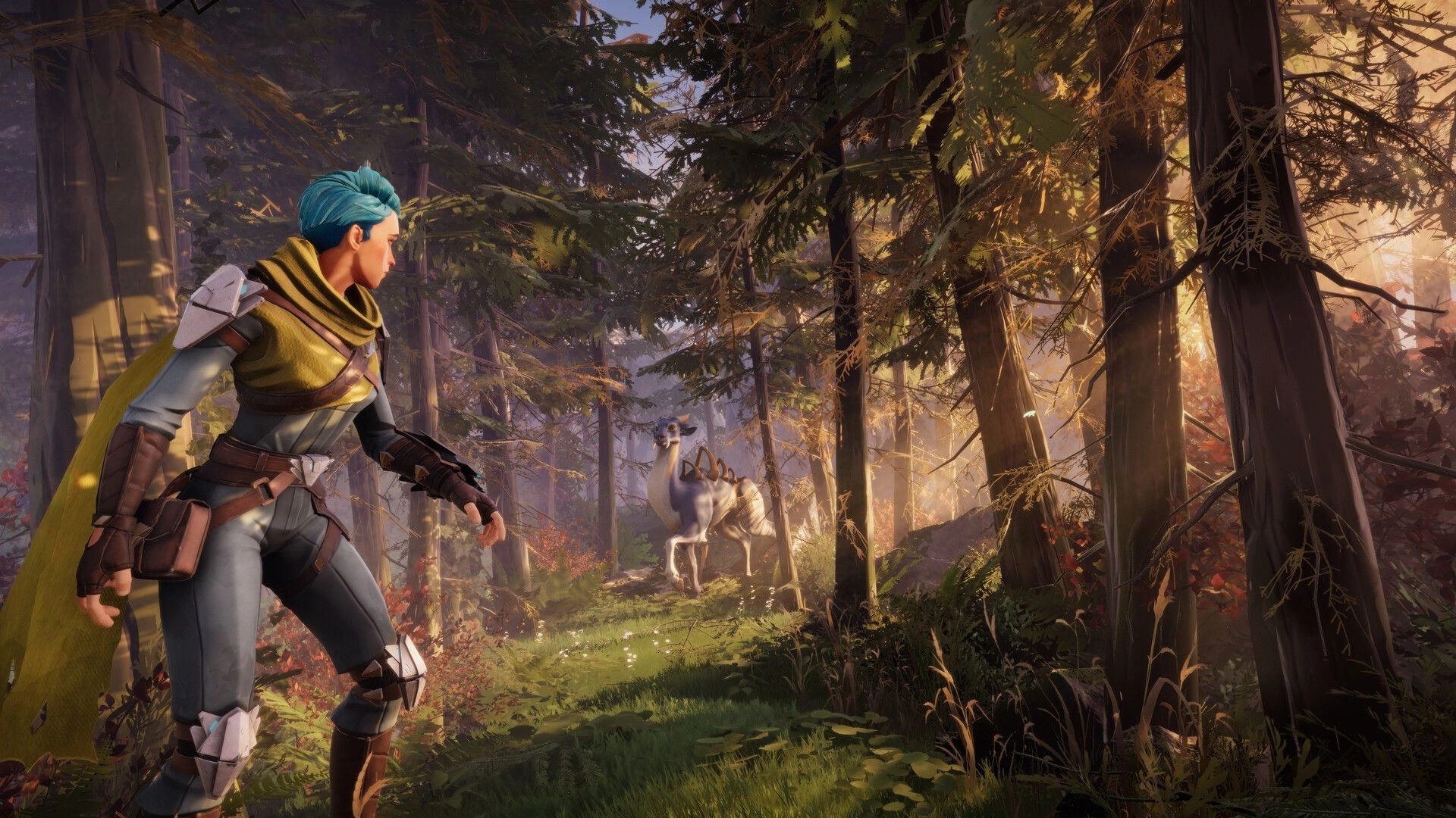 Lost Skies: Player with blue hair sneaks through a sunlit forest, spotting a creature among the trees.