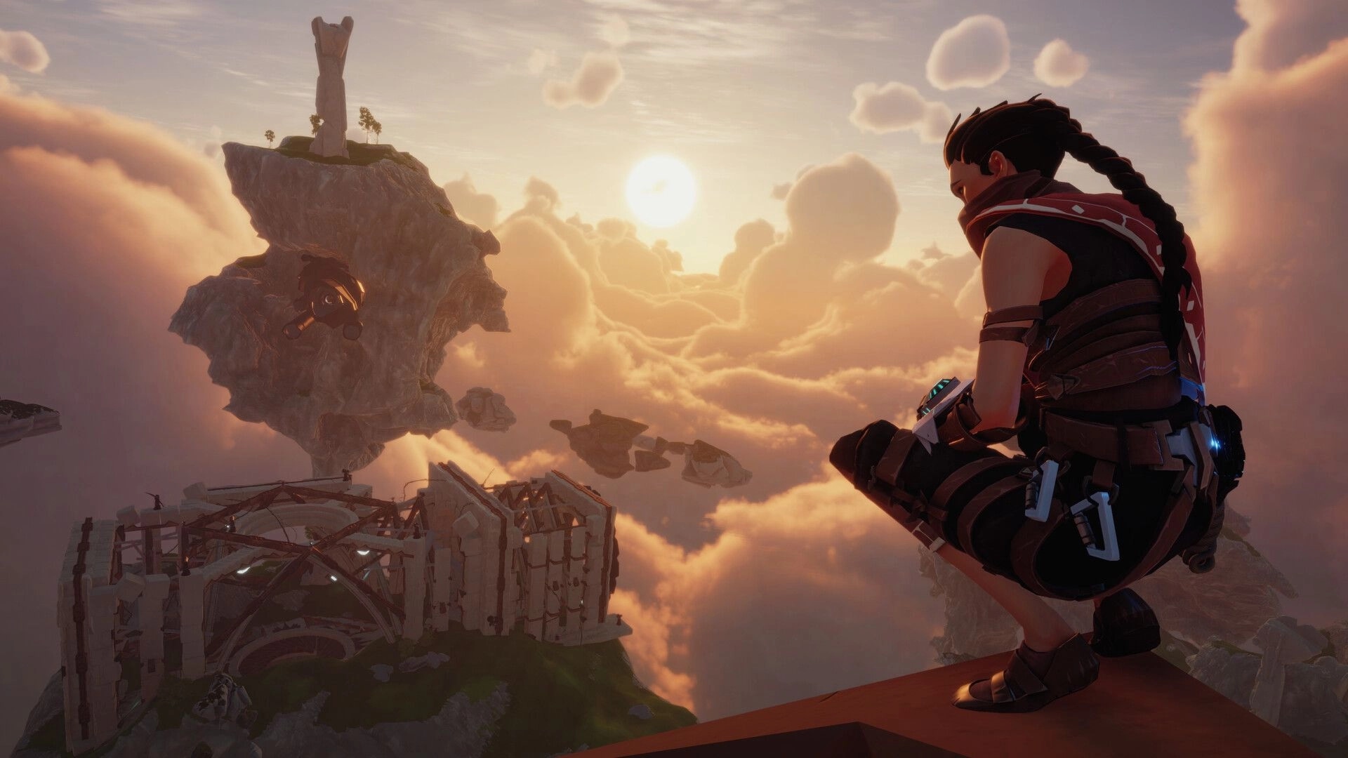 Lost Skies: Character surveys floating ruins at sunset, surrounded by clouds and distant sky islands.