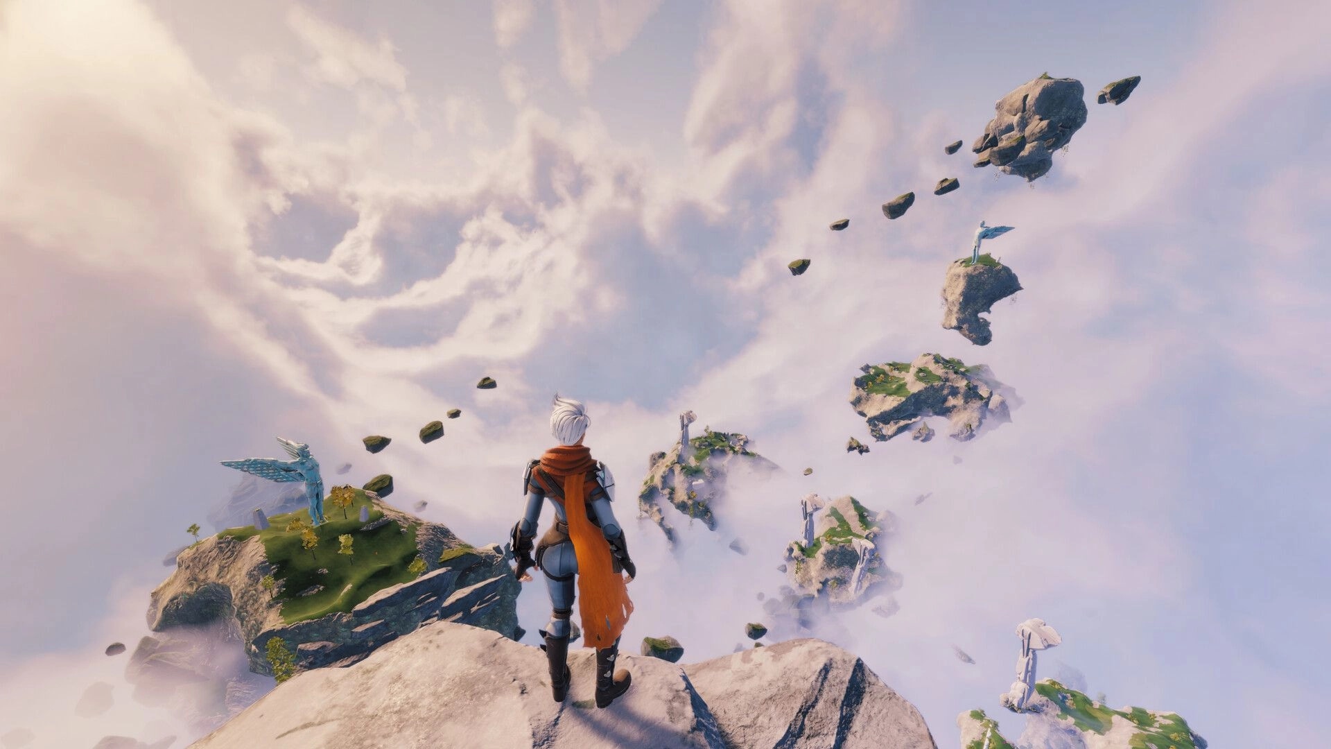 Lost Skies: Character with red scarf stands on cliff overlooking floating islands in a cloudy sky.