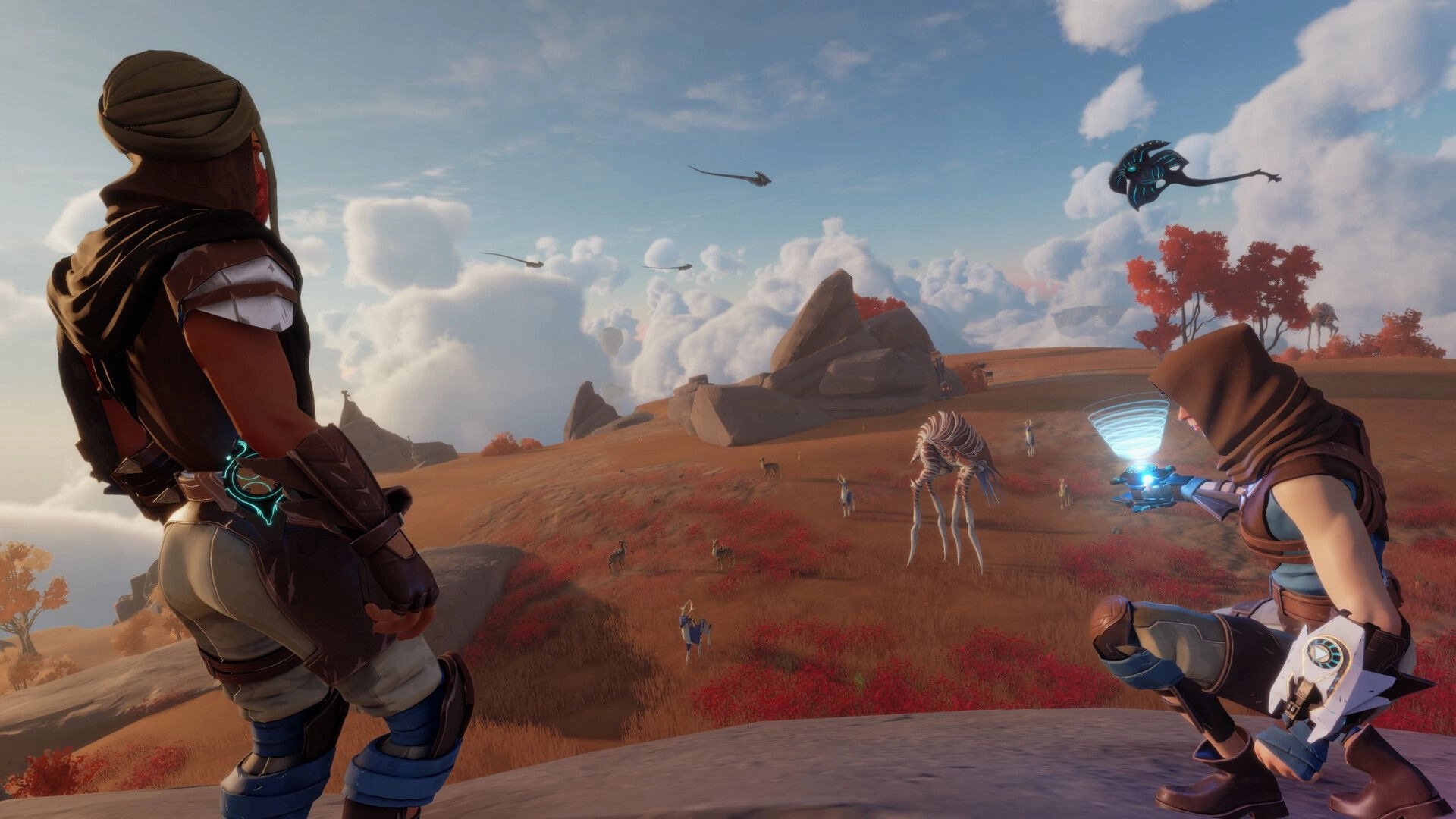 Lost Skies: Two explorers observe floating creatures and ancient ruins on a vast, cloud-filled landscape.