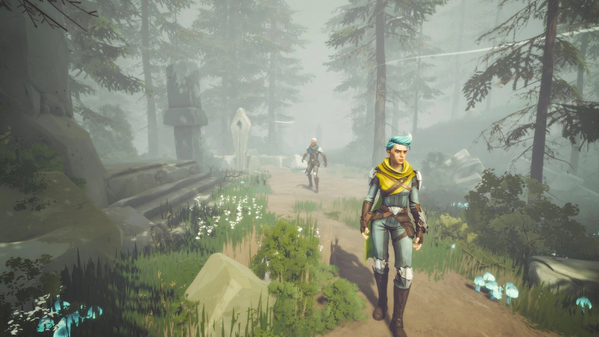 Lost Skies: Two explorers traverse a misty forest path lined with ancient stone ruins and glowing mushrooms.