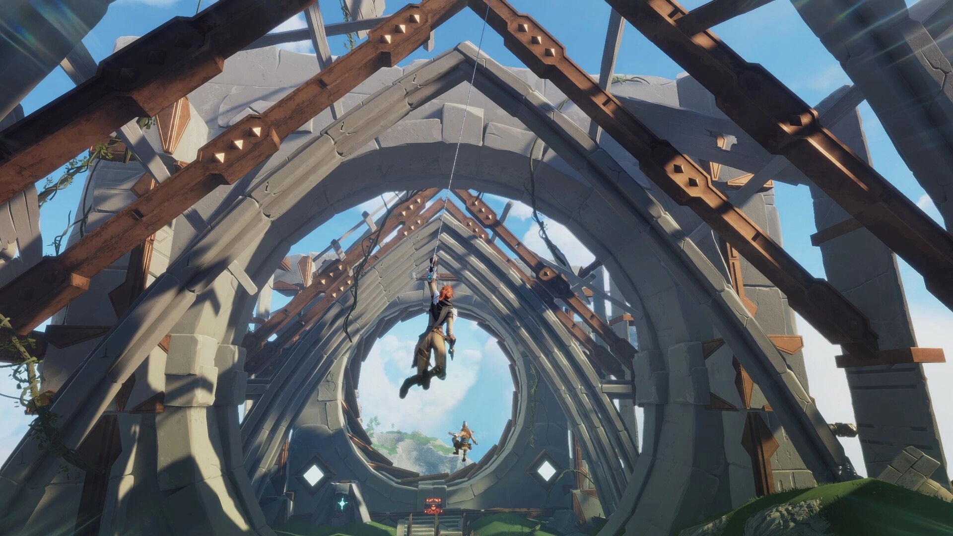 Lost Skies: Player swings through ancient ruins using grappling hook in a bright, open sky environment