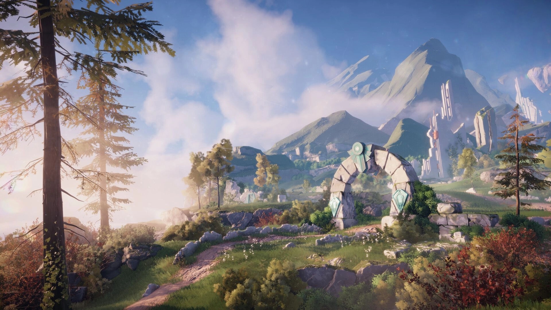 Lost Skies: Ancient stone archway amidst lush green landscape with towering mountains in the distance