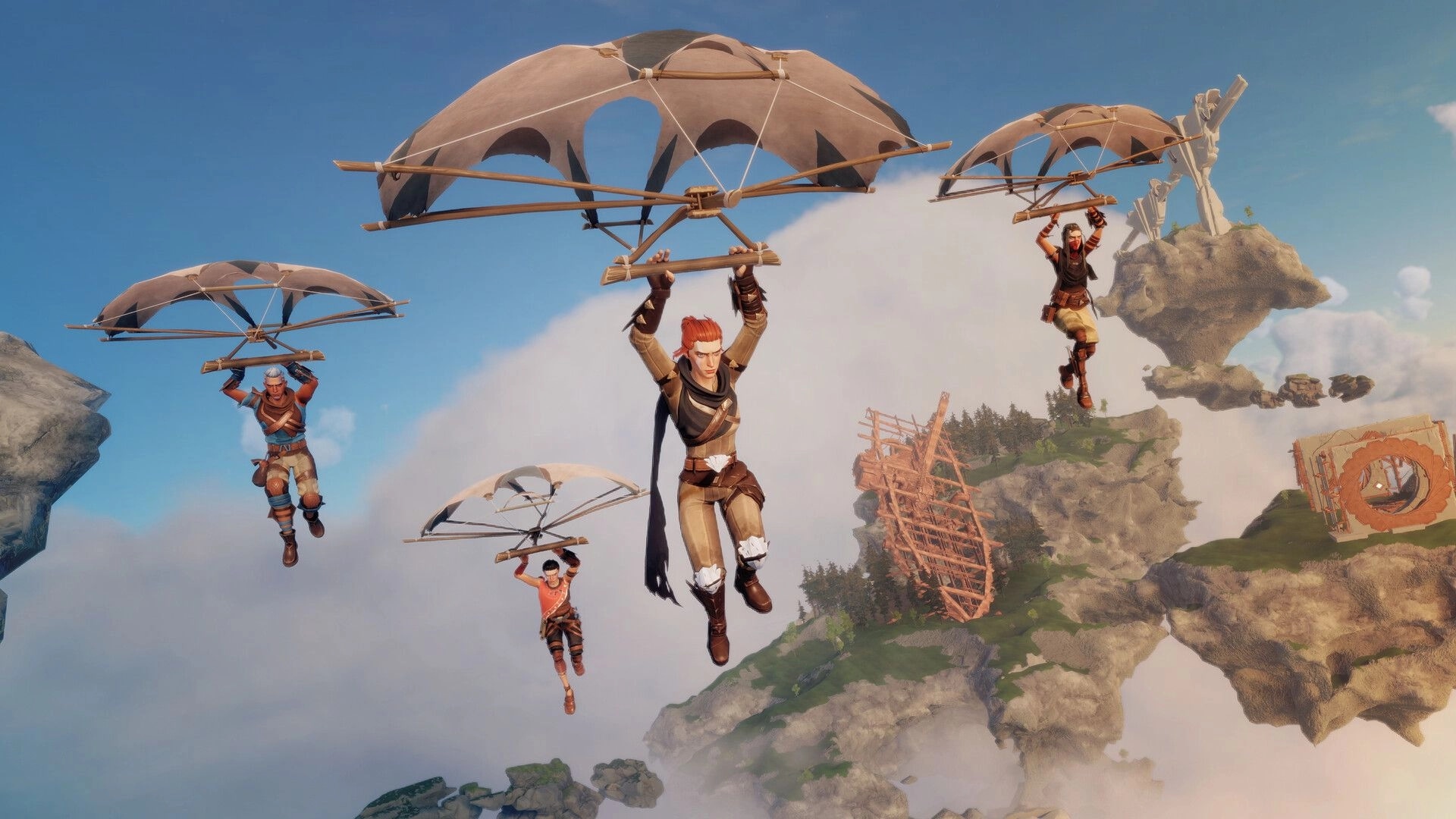 Lost Skies: Four adventurers glide with skyships over floating islands and ancient ruins in the clouds.