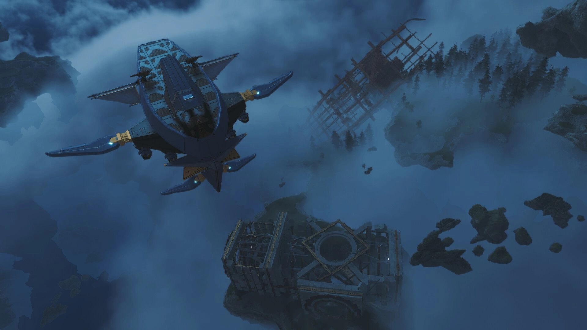 Lost Skies: Skyship navigating through misty clouds over ancient ruins and dense forested islands