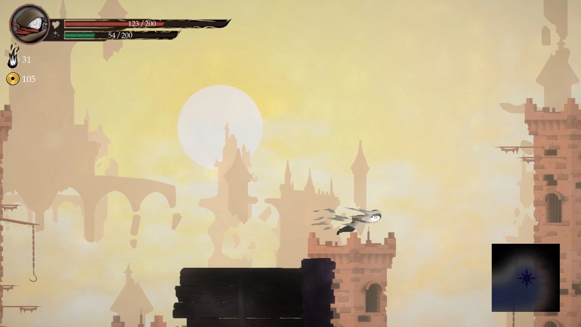 Lost Soul: Hooded character air-dashing over castle rooftops at sunset with health and stamina bars HUD.