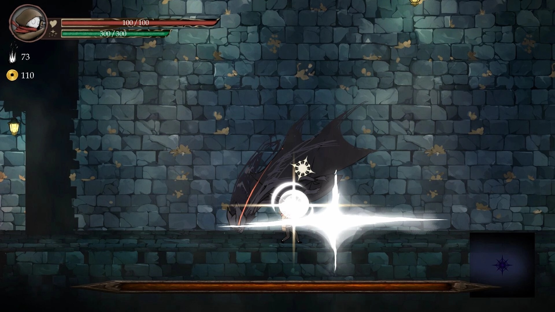 Lost Soul: Player triggers a bright slash attack in a stone corridor, HUD shows health and coins.