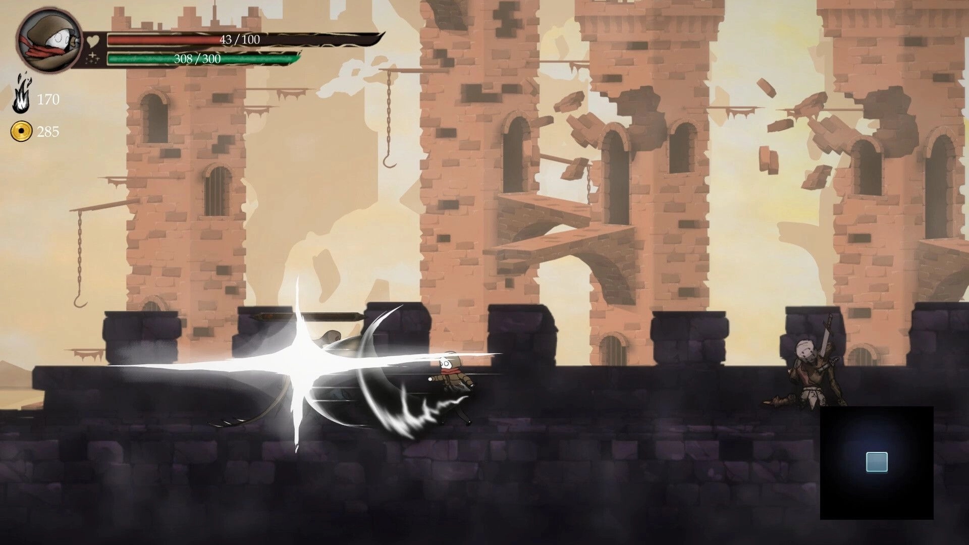 Lost Soul: Sword slash attack hits a skeleton guard on a ruined tower bridge with health bars UI.