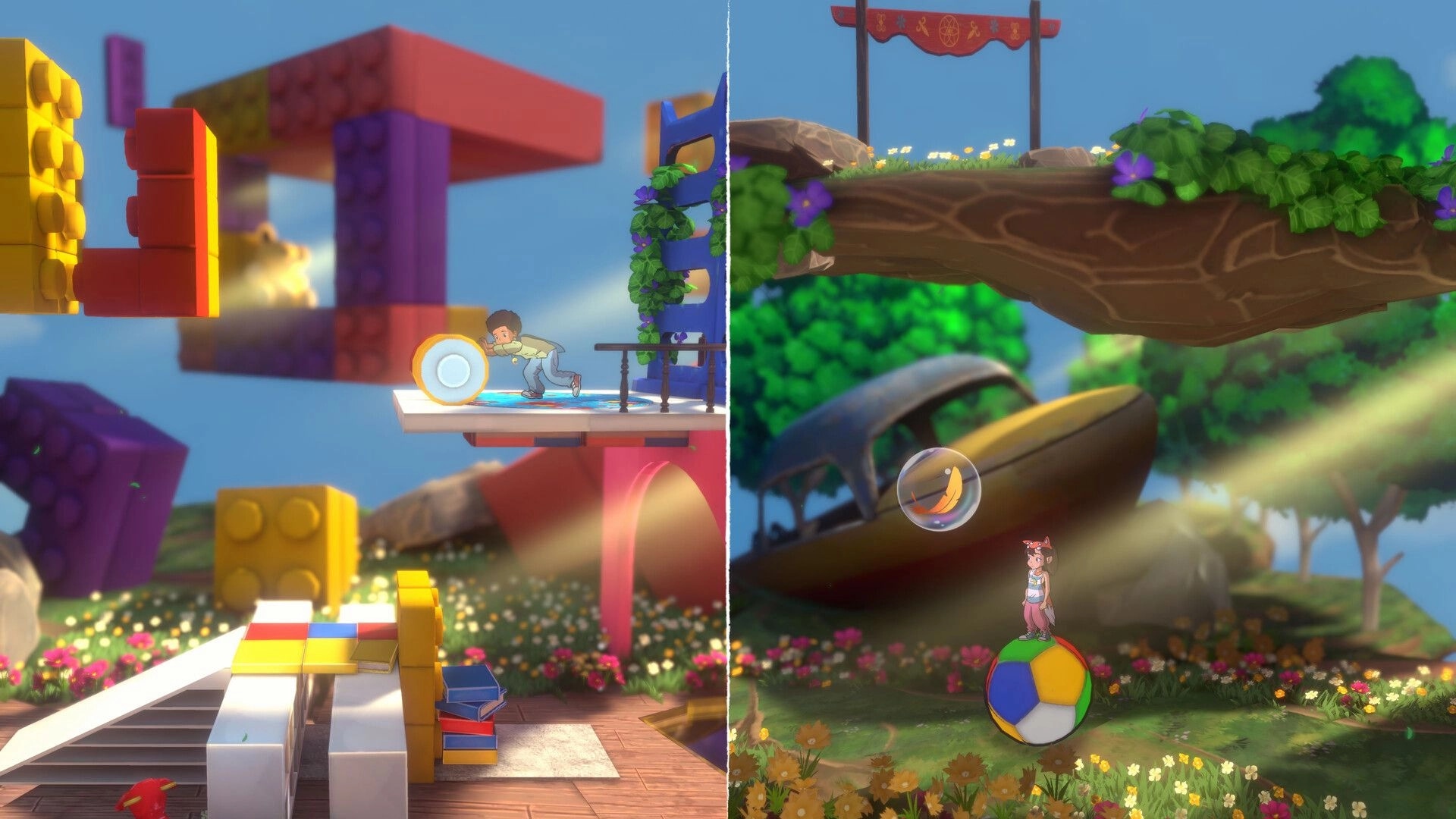 Lost Twins II: Ben pushes a wheel in colorful block world; Abi balances on a ball in sunny forest clearing.