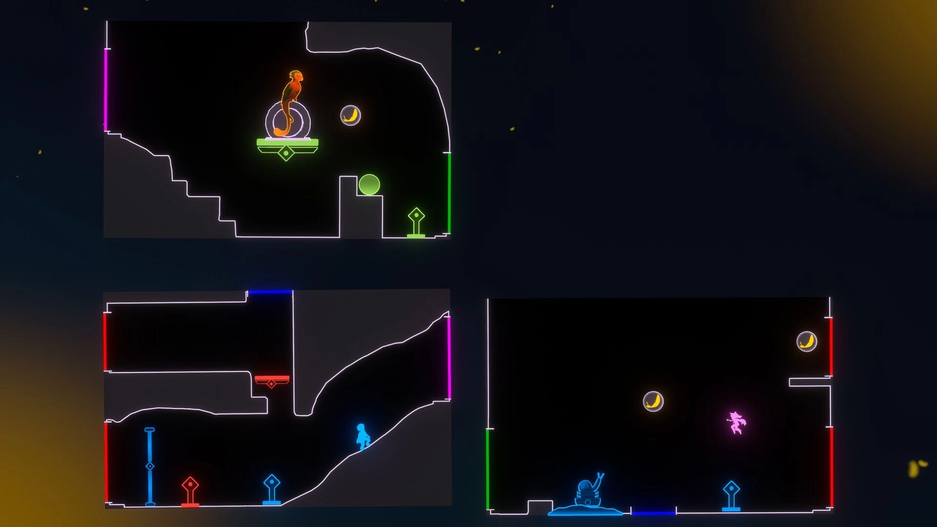 Lost Twins II: Ben and Abi navigate neon platform puzzles with colorful switches and glowing orbs