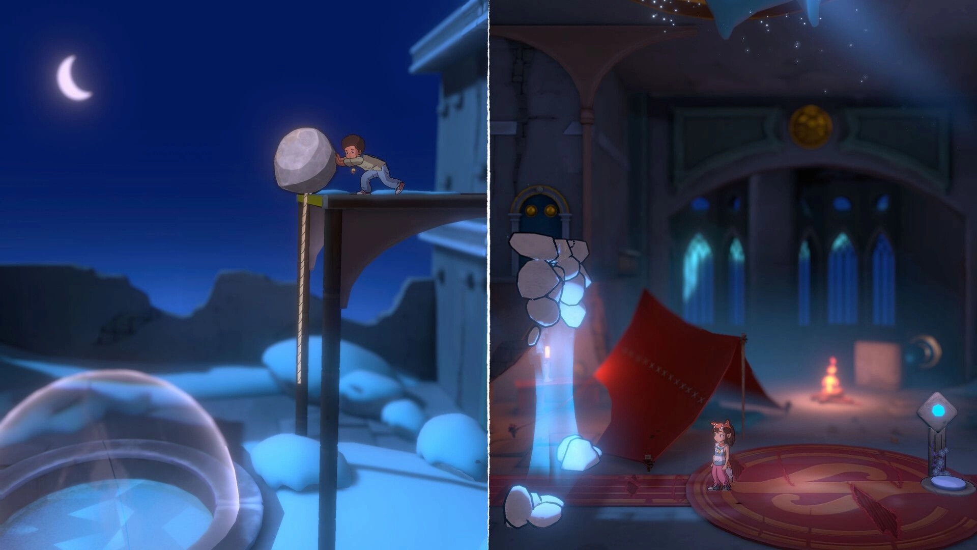 Lost Twins II: Ben pushing stone in moonlit desert; Abi exploring mystical temple interior