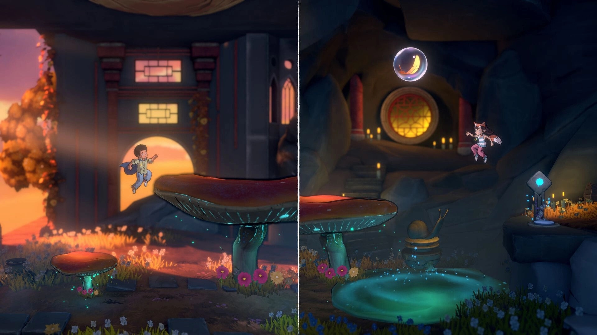 Lost Twins II: Ben and Abi jumping on giant mushrooms in a mystical cave environment