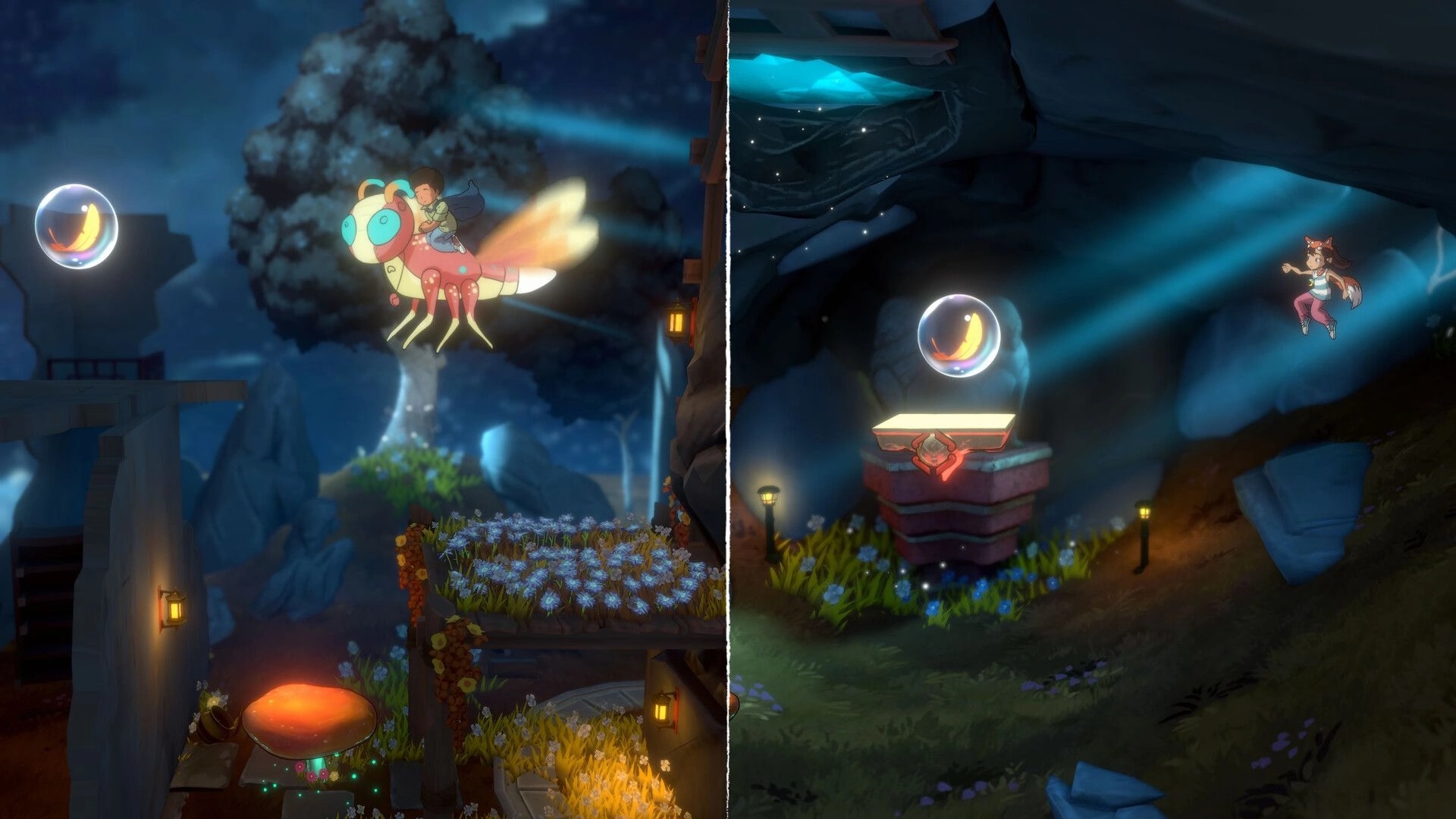 Lost Twins II: Ben rides a flying creature left, Abi jumps towards a glowing orb right, in a cave setting.