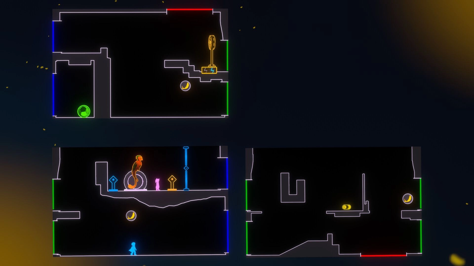 Lost Twins II: Ben and Abi navigate multi-colored puzzle rooms with switches and pathways in neon outline