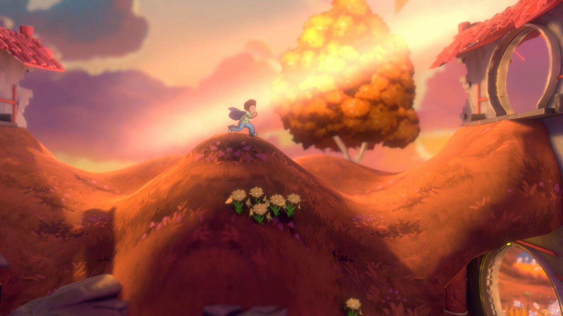 Lost Twins II: Ben runs across a hill in a vibrant, sunset-lit landscape with flowers and trees.